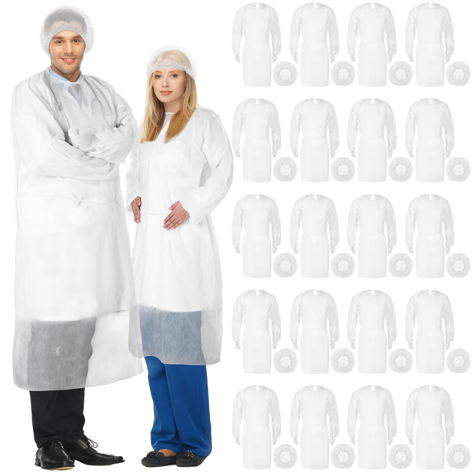 Xuhal 50 Set Disposable Isolation Gowns Set PPE Gowns Disposable and Non Woven Bouffant Caps with Elastic Cuffs for Labs Home Isolation Beauty