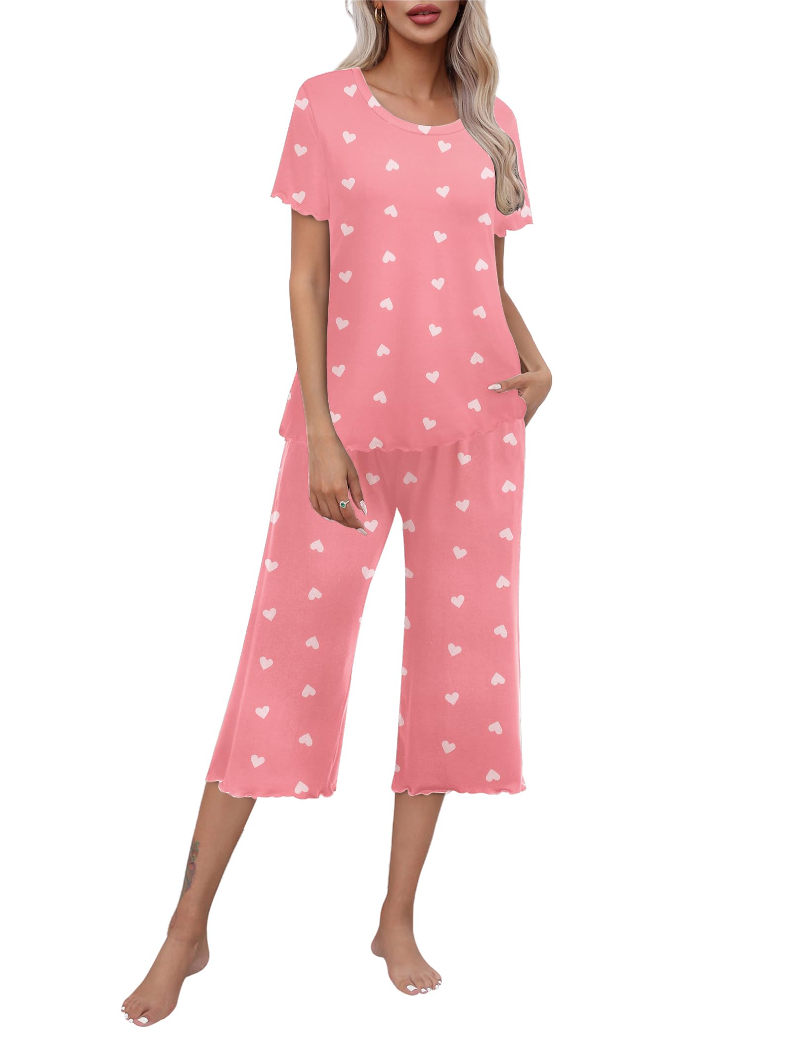 Ekouaer Capri Pajamas for Women Soft Pjs Set Short Sleeve Tee Top Loungewear Soft 2 Piece Sleepwear