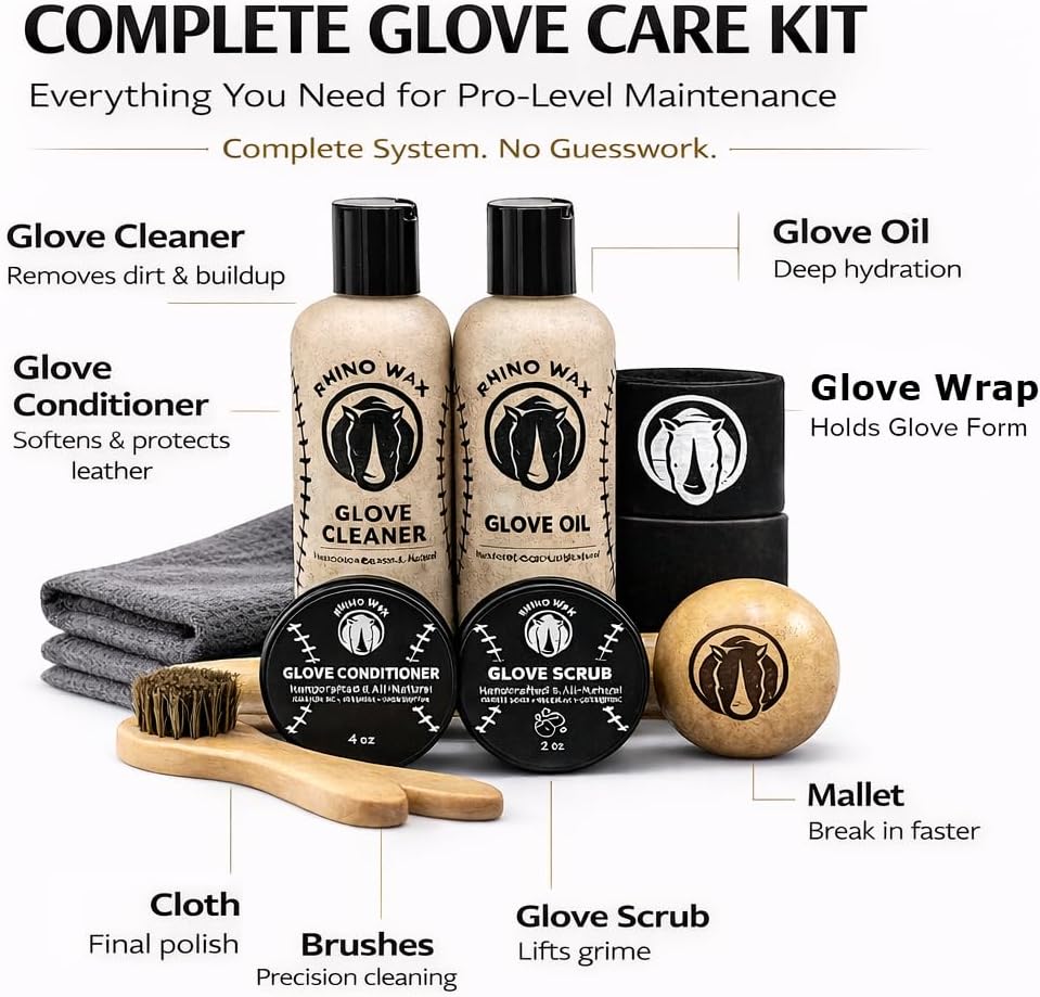 Rhino Wax - Baseball Golden Glove Break-in Kit - Oil for Ball Gloves, Mitt Conditioner, Glove Scrub, Daily Cleaner, Mallet, Wrap, Brushes, & 2 Microfiber Cloths - for Breaking in and Maintaining