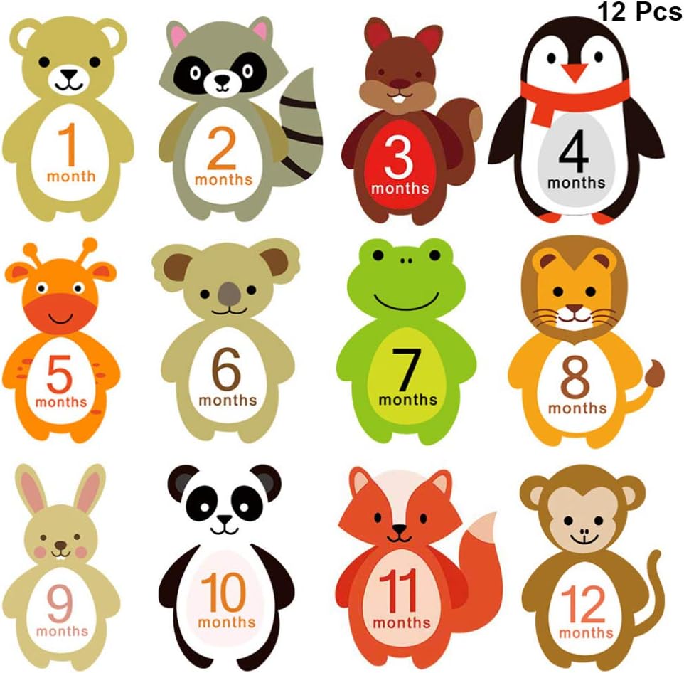 12 Sheets Baby Monthly Stickers Self Adhesive Cartoon Animal Milestone Belly Decal Scrapbook Photo Sticker Shower Registry for Infant - Image 3