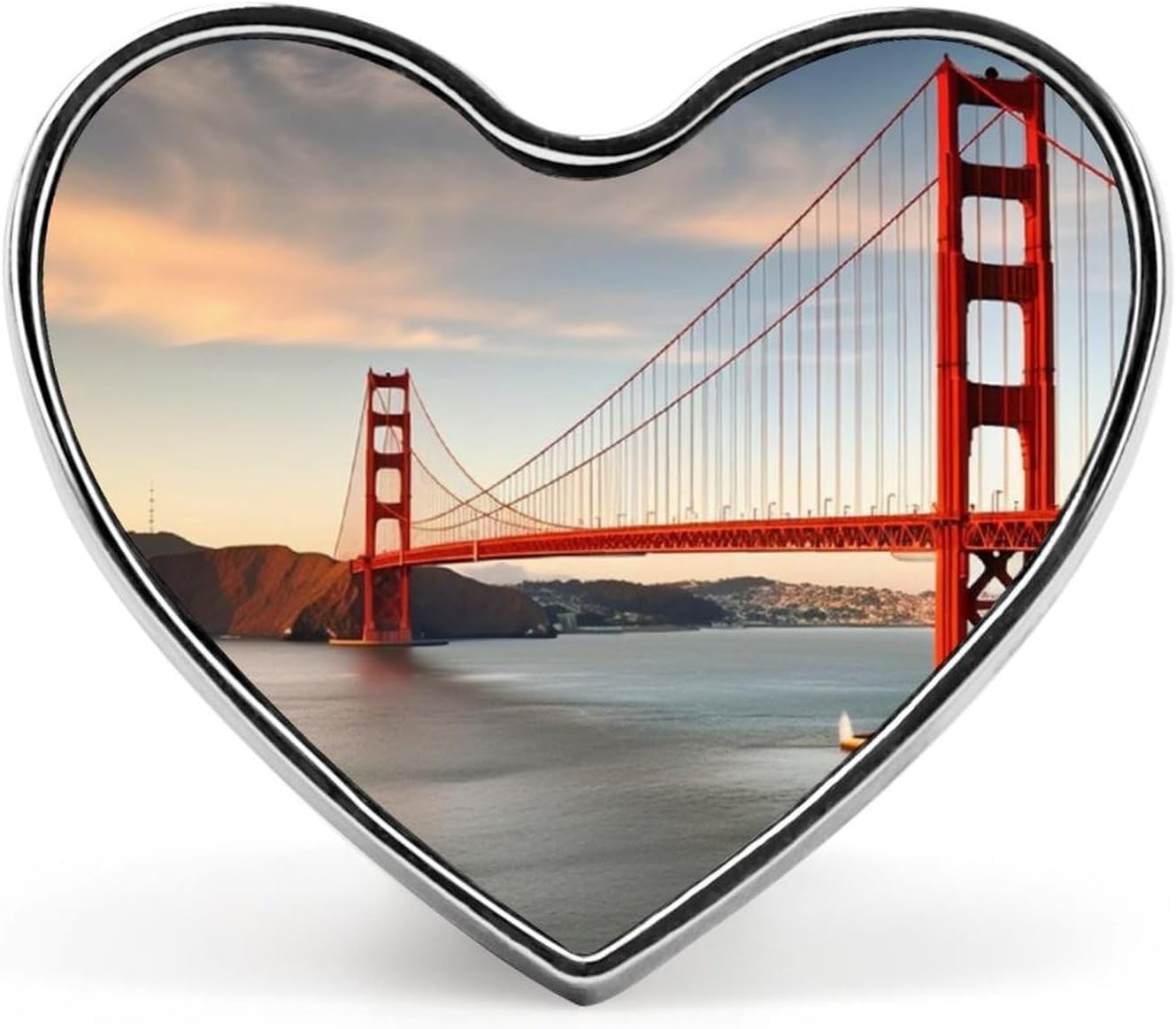 Golden Gate Bridge Badges Heart with Button Design, Personalized Picture Pin Brooches, Heart Badge Holders for Decorate Hat Shirt Clothing Bag Accessories