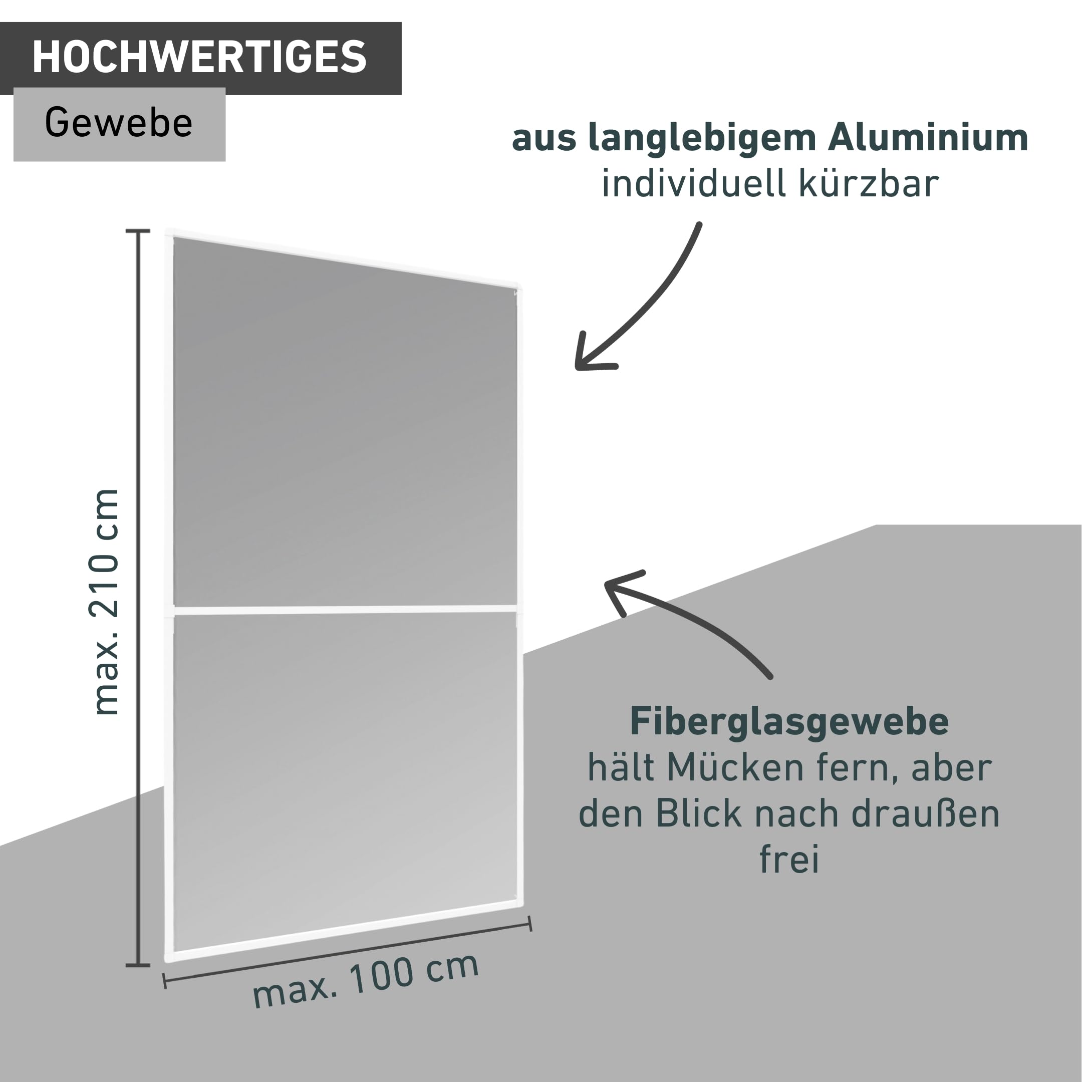Windhager Fliegengitter Balkontür 100x210 cm Weiß, Aluminiumrahmen, individuell kürzbar, Insektenschutz Tür für Balkon und Terrasse, Magnetverschluss, langlebiges Gewebe, stabile Ausführung, 04506