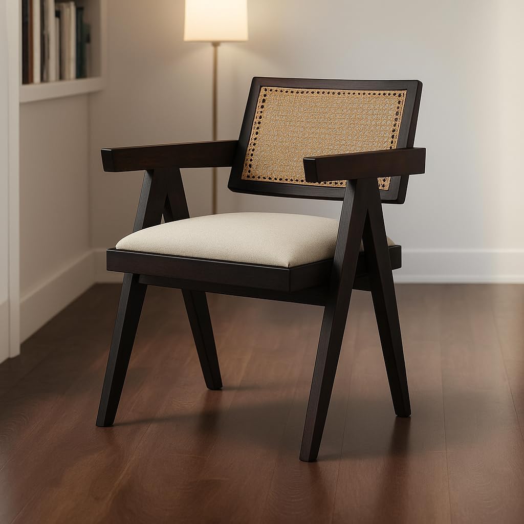 Solid Sheesham Wood Arm Chair with Cushion and Cane Back Support Chair Living Room Bedroom Home Wooden Armchair Garden Balcony Outdoor & Indoor (Walnut Finsh)-image-17