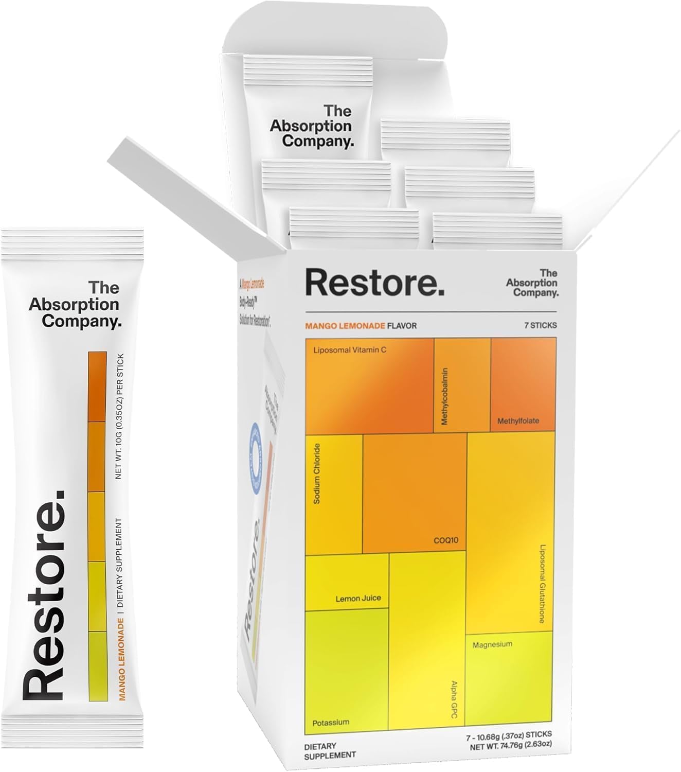 Electrolyte Powder Packets - Workout Recovery & Hydration Drink Mix with Liposomal Glutathione, Vitamin C & Methylated B Vitamins - Mango Lemonade (7 Sticks)