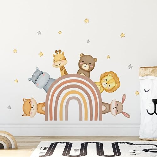 Miniatura 2 de Calcomanías de pared de animales de arco iris, bohemio, jirafa, león, conejo, calcomanías de pared para habitación de bebé, habitación de niños,
