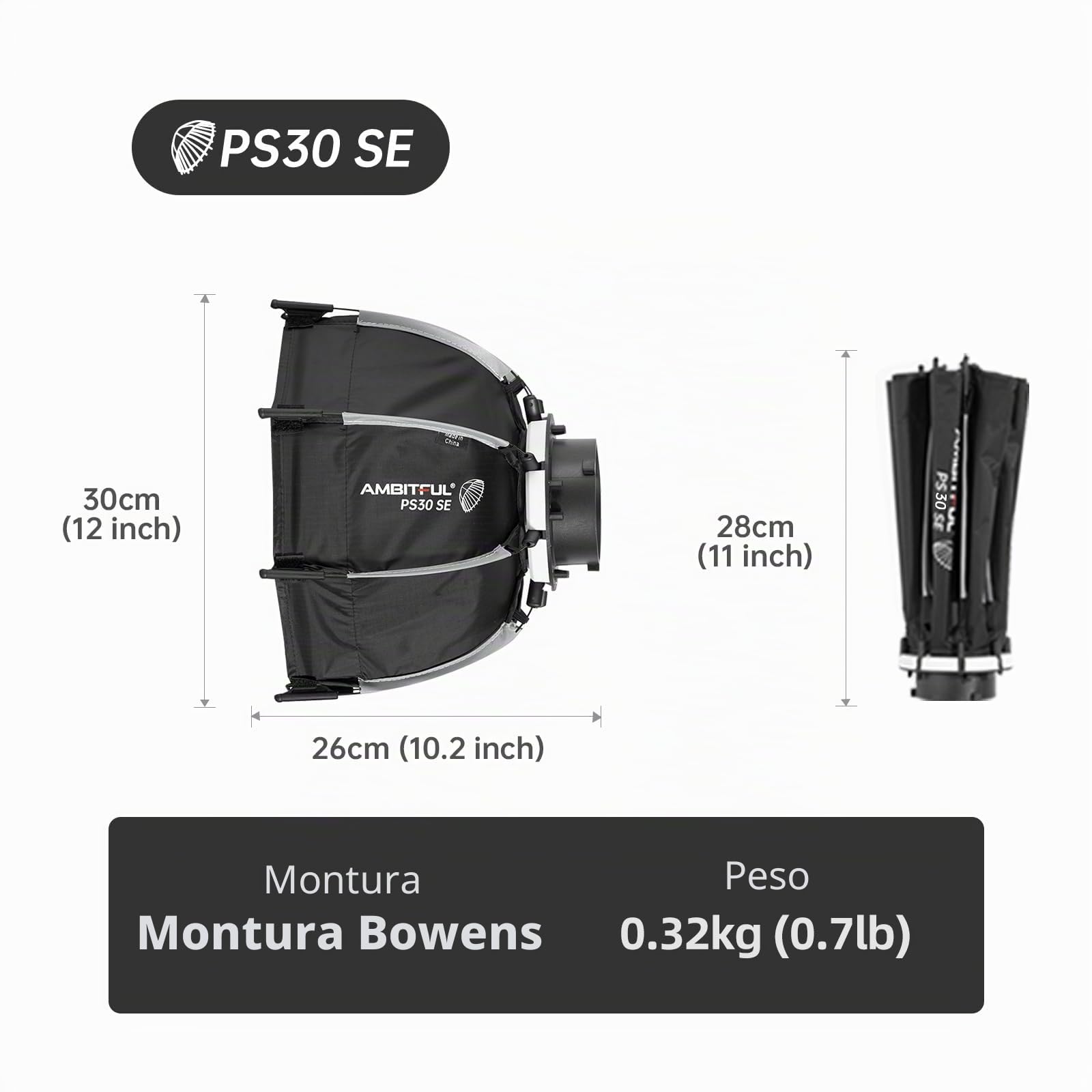 AMBITUFL Mini Caja de luz de 30 cm de liberación con Soporte Bowens, Montaje Plegable, configuración con difusores y Rejilla de Panal de Abeja, Bolsa