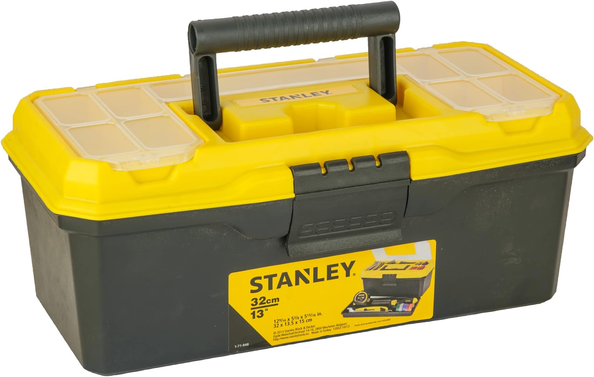 STANLEY 1-71-948 13'' Organized Maestro Heavy-Duty Portable Plastic Essential Toolbox With Clear Top Lid & Removable Tray Compartment For Easy & Convenient Storage,1 Year Warranty,YELLOW,32x13.5x15 cm