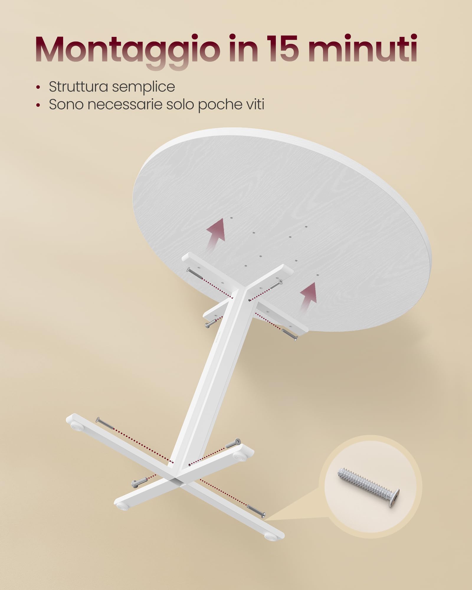 VASAGLE Tavolo da Pranzo Rotondo, Tavolino da Cucina per 4 Persone, Stile Rustico, Piano Resistente all'Acqua, diam. 80 cm, Altezza 74,8 cm, Sala da Pranzo, Soggiorno, Bianco Neve KDT082W01