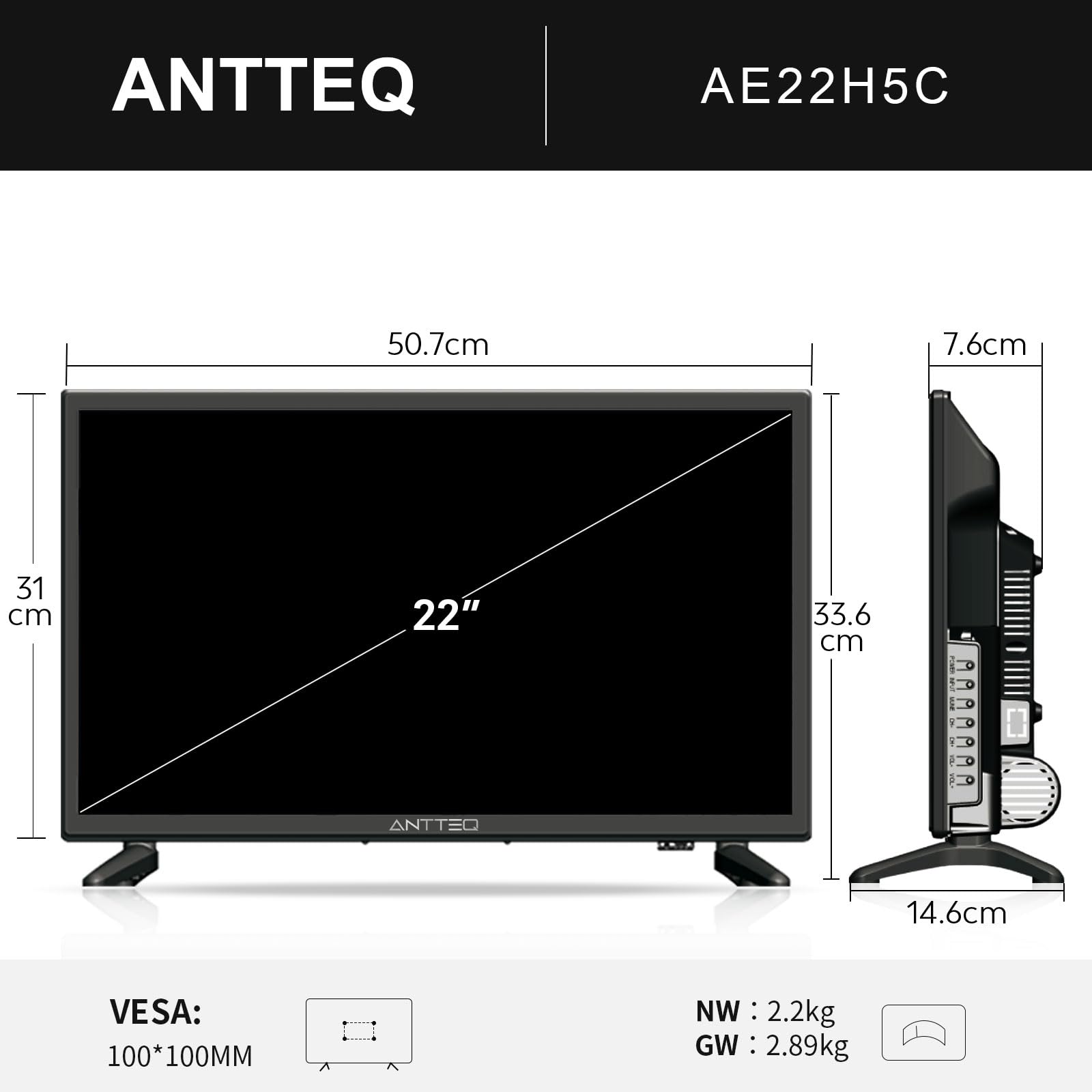Antteq LED TV 22 Pollici (Televisore 55 cm) 2K D-LED con 12V, Triple Tuner DVB-C/T2/S2, Modalità Hotel, Audio Dolby, SCART & CI+ – Ideale per Camper, Campeggio e Hotel