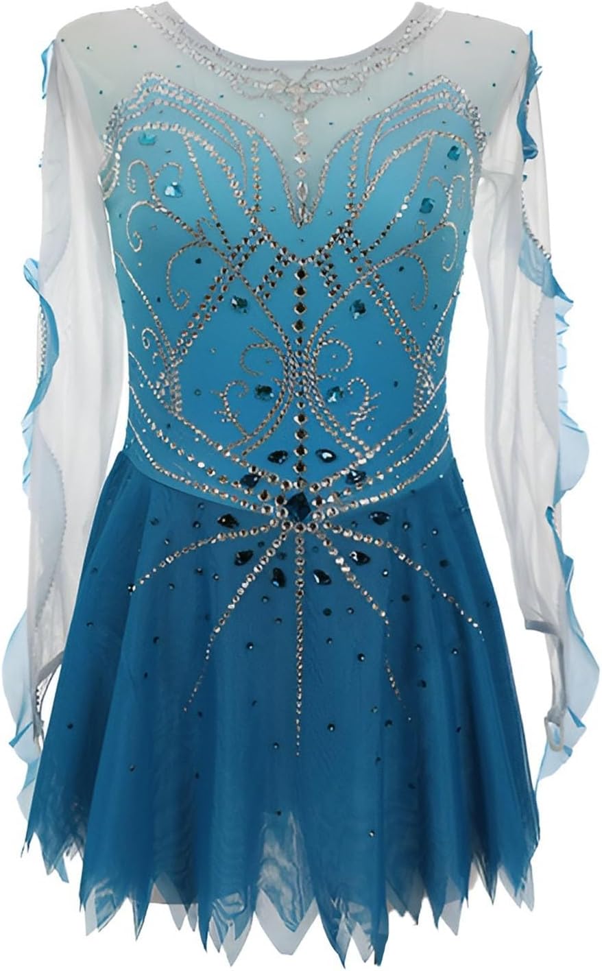 Long Sleeves Ice Figure Skating Dress for Girls, Shiny Rhinestones High Elasticity Skate Clothes, Customizable