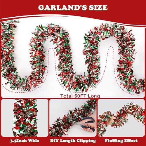 Image of 50FT Christmas Tinsel Garland, Red Green&Silver Metallic Twist Shiny Hanging Garland Ornaments for Christmas Tree, Party Supplies Thick Metallic Xmas Streamers
