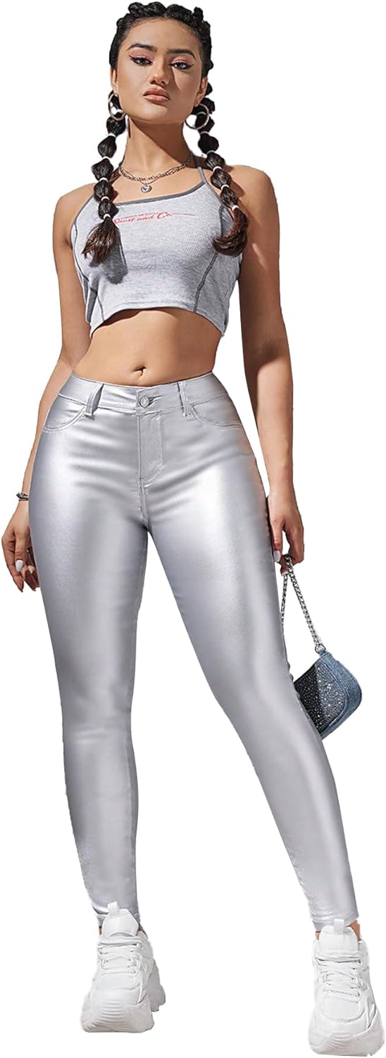 Faux Leather Stretchy Skinny Jeggings Coated Faux Leather Legging Pants Mid Waisted with Pockets - Image 6