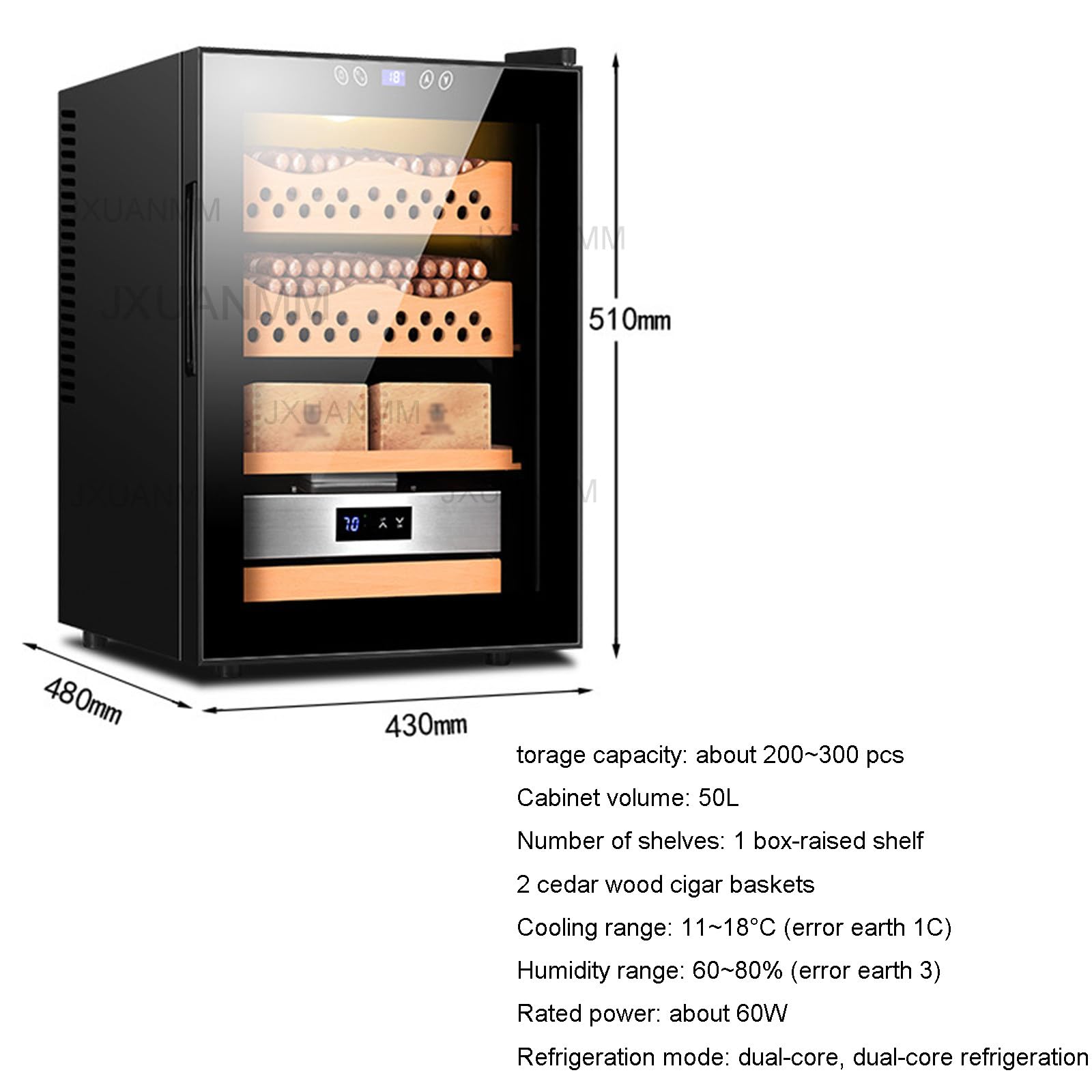 Elektrischer Zigarren Humidor 50L, mit Heizung und Kühlung leises Kontrollsystem, digitaler LED Bildschirm, Temperaturkontrollsystem, Lagerung 200-300 Zählungen,Black