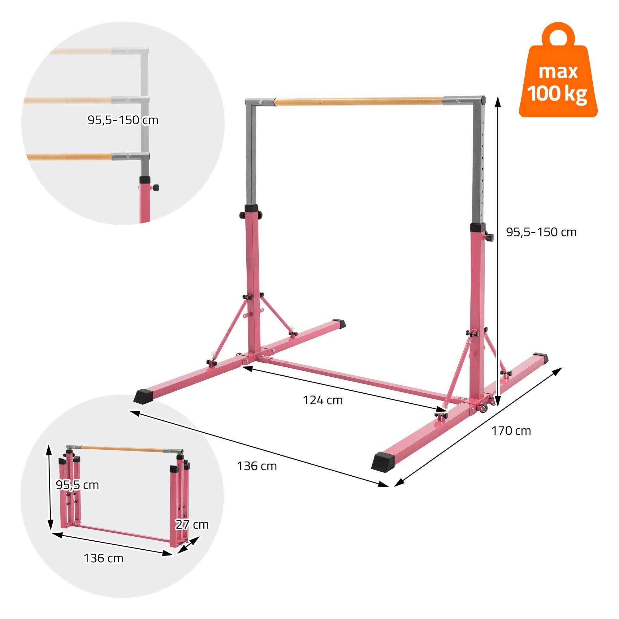 Hauki Gymnastik Turnreck, Gymnastikstange faltbar, Kinder Gymnastics Bar, Reckstange höhenverstellbar 95,5-150 cm, Turnstange aus Holz/Stahl, Trainingsgeräte Indoor/Outdoor, Übungsstange, Heimtraining