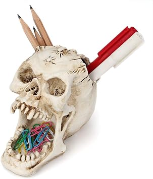 XIYUAN White Skull Pen Holder Office Desktop Ossuary Skulls Decor Halloween Decorations Skeleton Head Stationery HolderWhite Skull