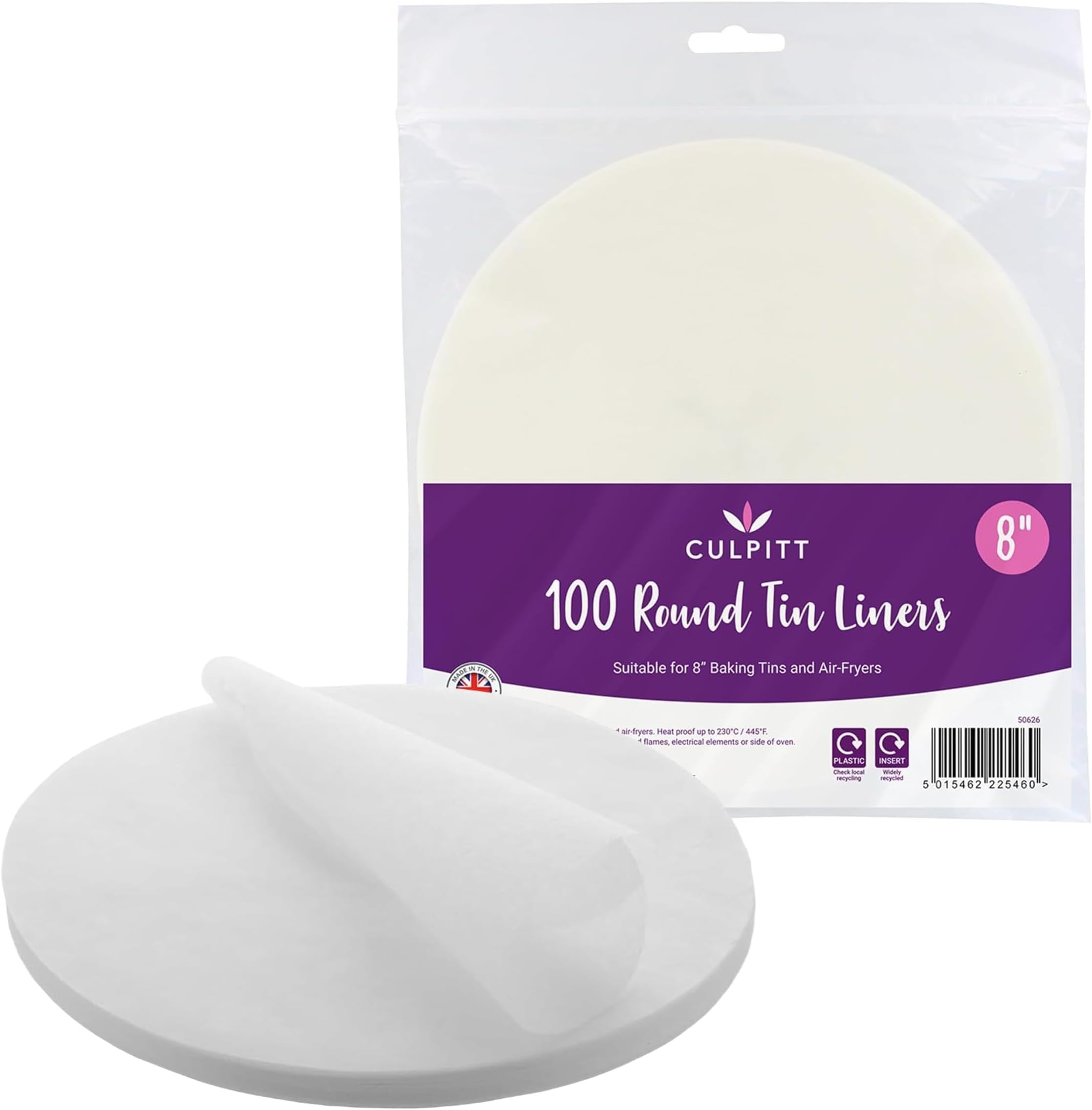 Culpitt Baking Parchment Circles, 100, Round Greaseproof Paper Liners for Cake Tins, Air Fryer, Pizza, Siliconised - 8"