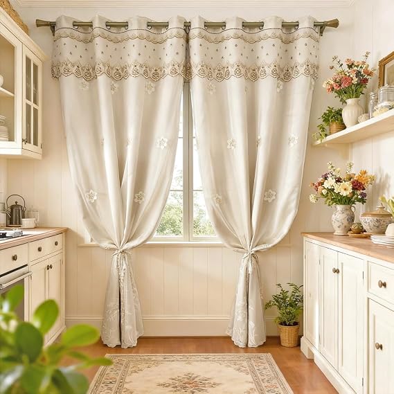 Amidoudou 1 Pair European Double Layer Curtains for Living Room Bedroom Luxury Flower Embroidered Curtains with Valance (Beige,52x84 Inch)