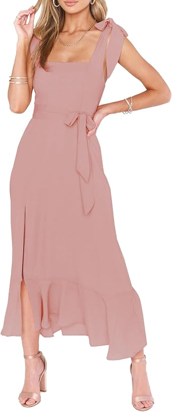 Summer Wedding Guest Dress Womens Boho Side Split Maxi Beach Dress - Flowy Long Sundress for Vacation Party SE2311