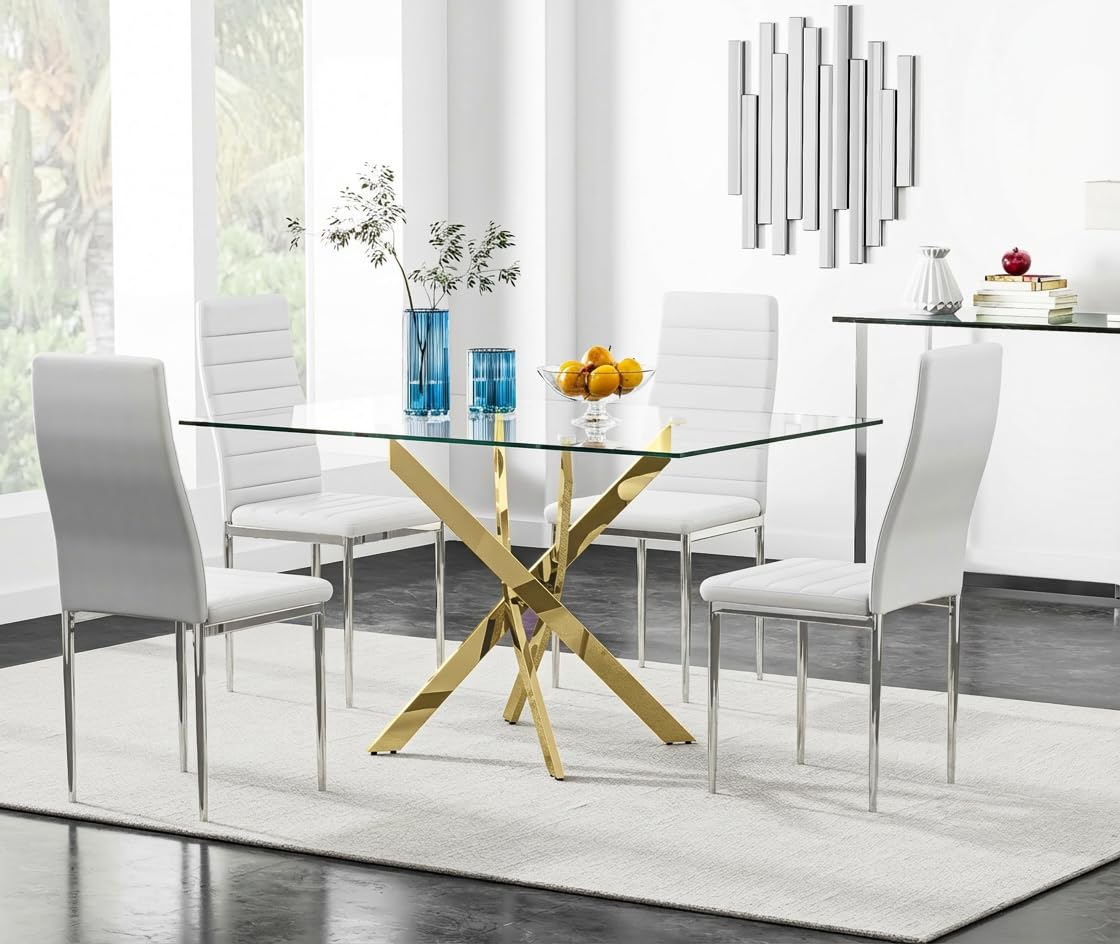 5 Piece Glass Dining Table Table Set, Tempered Glass Dining Table Set for 4 Kitchen Table Set with 4 Upholstered Chairs for Kitchen Dining Room (Gold Leg Table with White Chair)