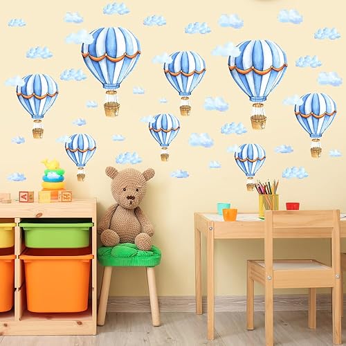 Miniatura 7 de Calcomanías de pared extraíbles para globos de aire caliente grandes, calcomanías de vinilo de nubes azules, autoadhesivos, murales artísticos para