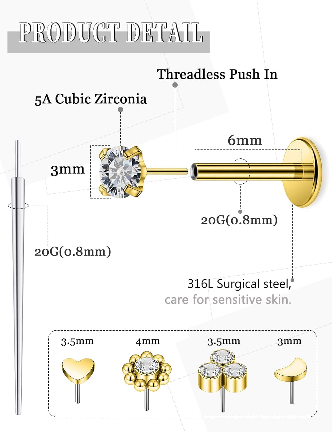 14K Gold Filled 20G 18G 16G Threadless Flat Back Earrings Studs Surgical Stainless Steel Clear CZ Push In Nose Rings Studs Tragus Helix Conch Cartilage Earrings Piercing Jewelry For Women Men - Image 2