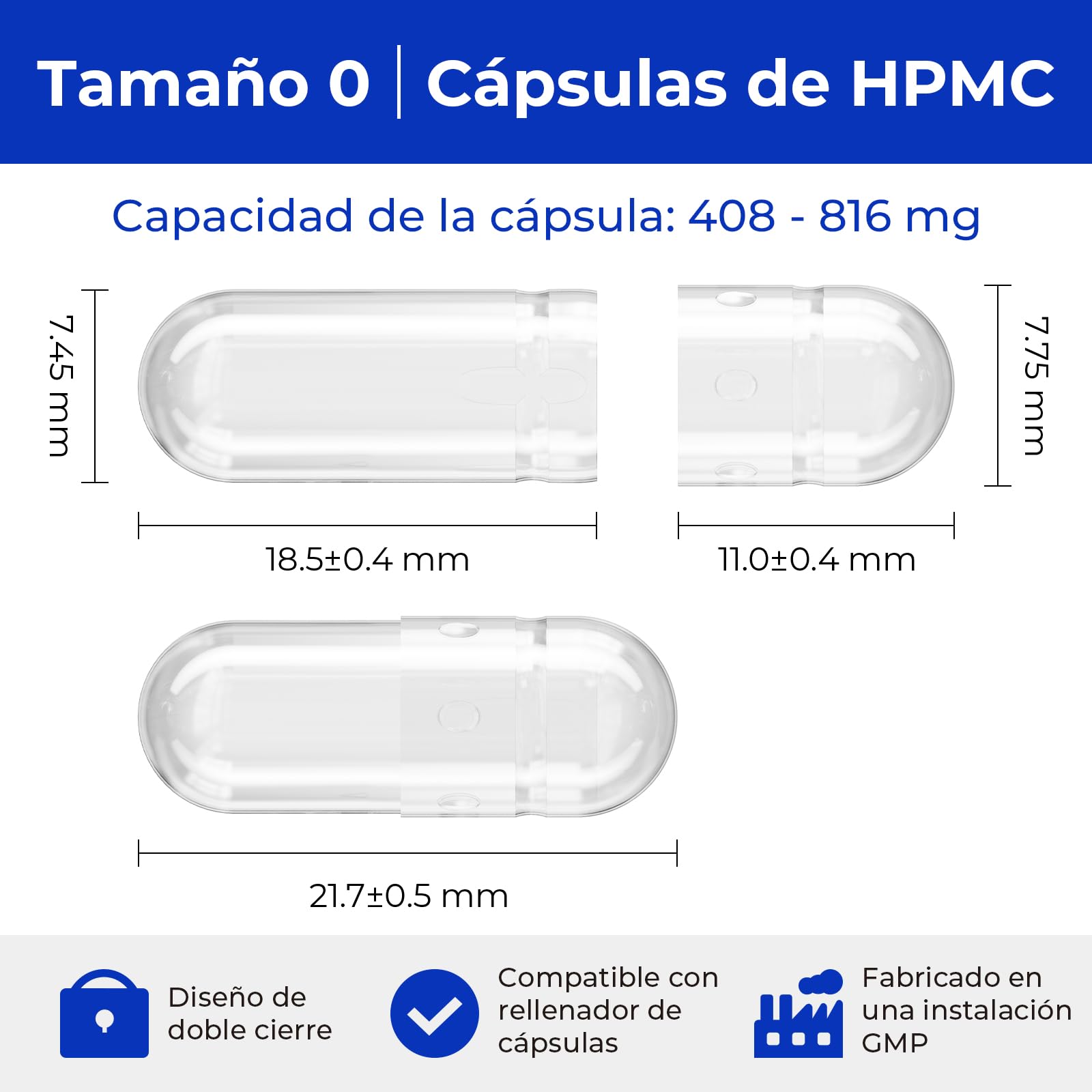 Cápsulas Vacías Vegetales de HPMC - Tamaño 0, 5000 Unidades, Sin Gluten, Sin OGM, Veganas, Ideales para Suplementos de Vitaminas y Minerales
