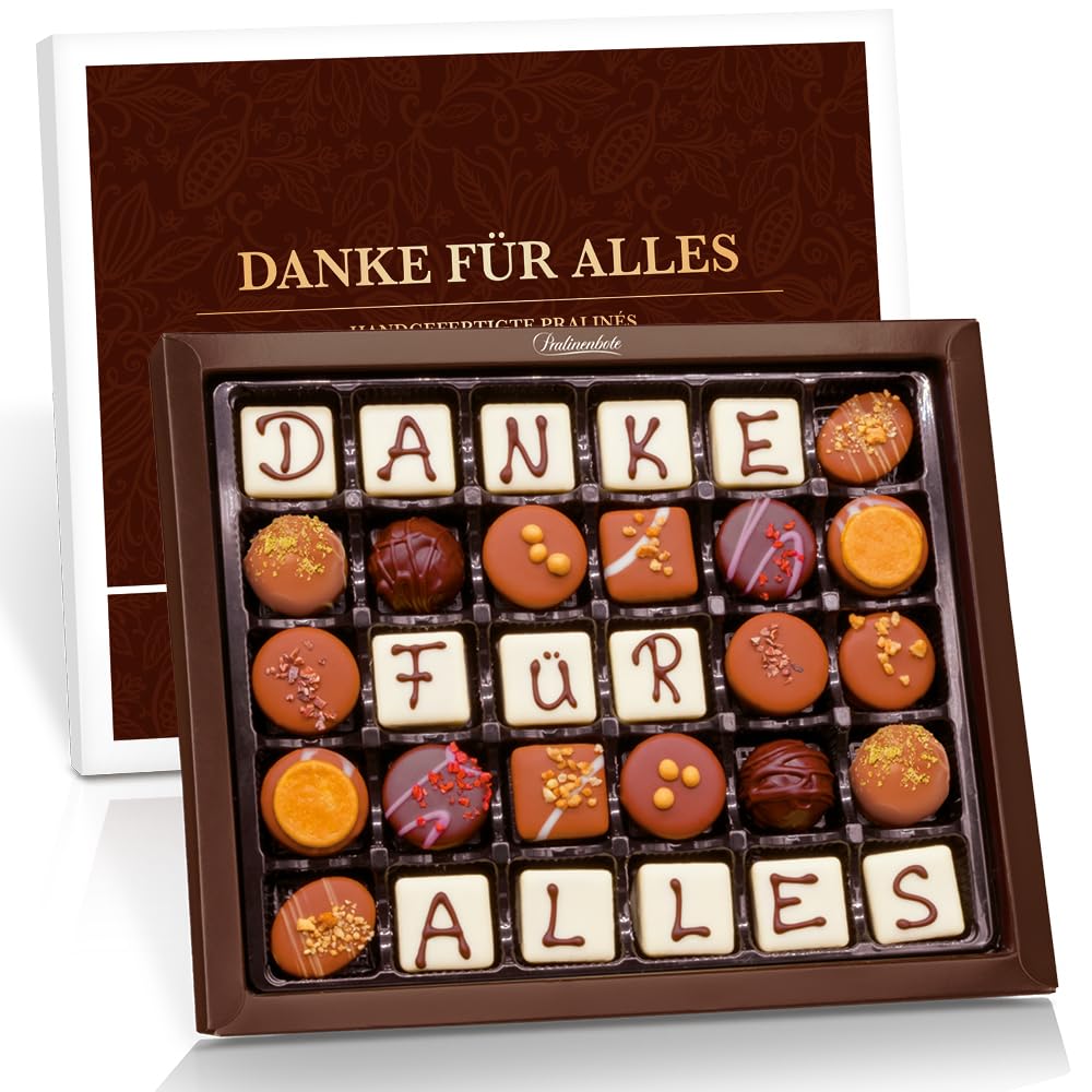 Pralinenbote Genussmanufaktur - DANKE FÜR ALLES | Pralinen-Dankesbotschaft in der großen Geschenkbox | 30 beliebte Pralinen der Premiumklasse | 395g | Das exquisite Dankeschön
