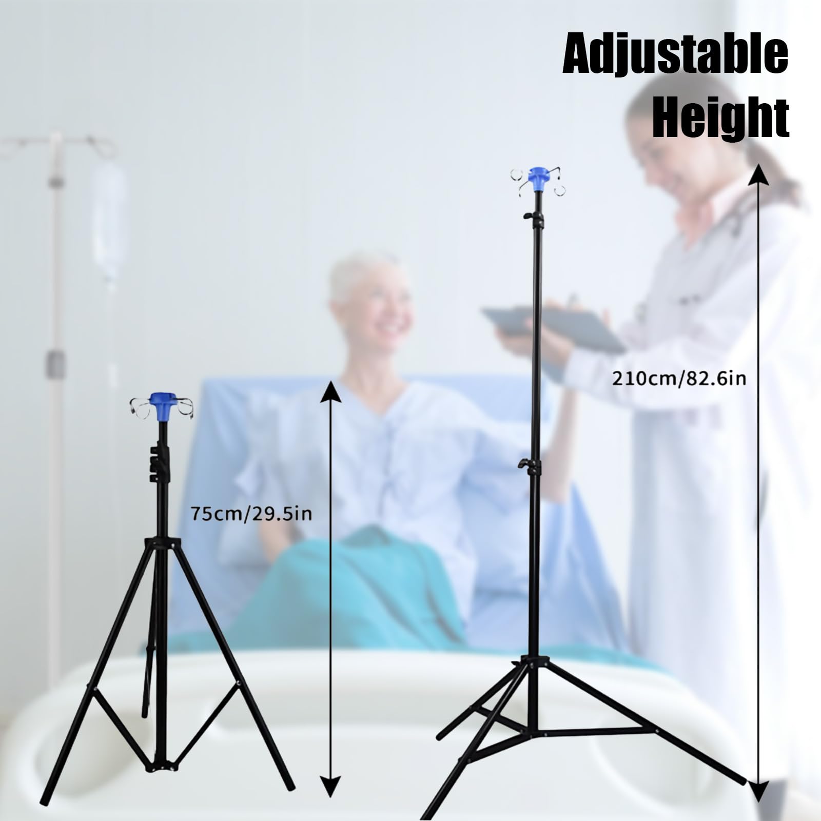Support de perfusion portable, pliable, avec hauteur réglable, base de trépied pliable, 4 crochets, pour la maison, l'hôpital, la clinique (79 à 210 cm)