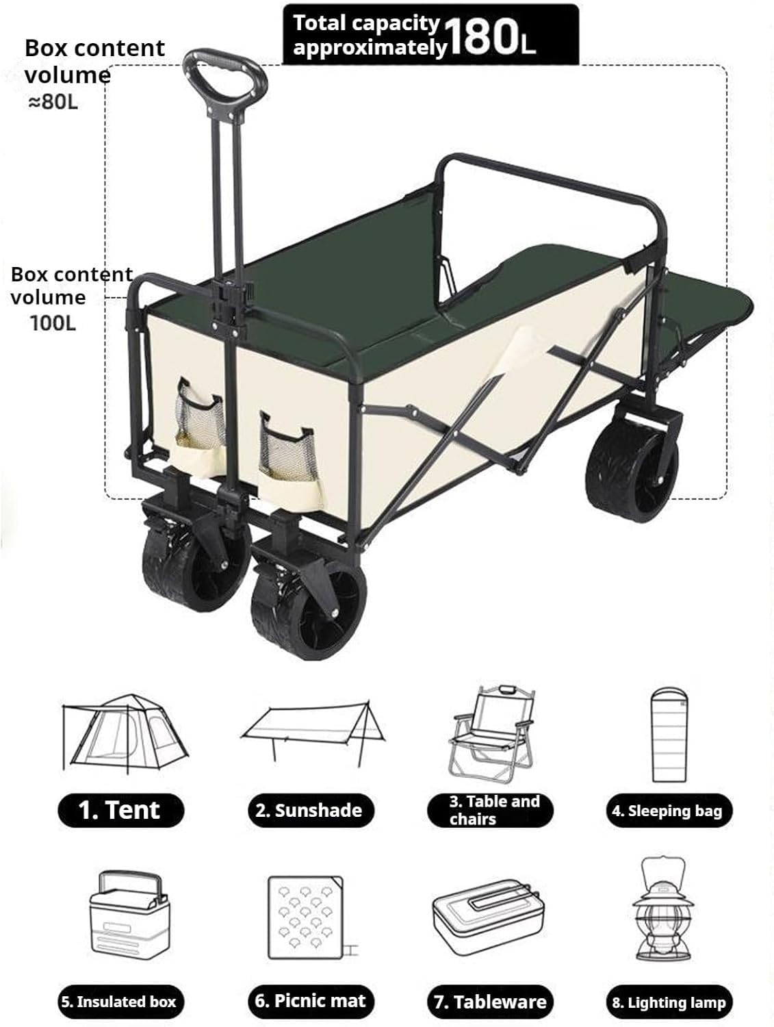 Carro utilitario plegable resistente con frenos, ruedas todo terreno, gran capacidad para jardín, camping, transporte deportivo al aire libre, 150 L