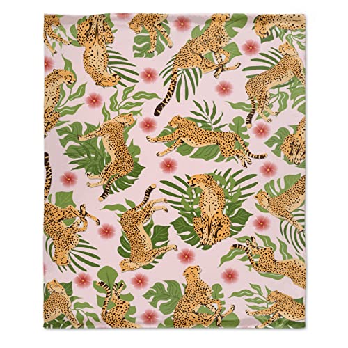 Jungle Cheetah Blanket Leopard Print Gifts For Girl Boy Kids Children Swaddle Women Men Friend Super Soft Fuzzy Cozy Tropical Animal Leaves Flannel 40"X50" For Couch Bed Sofa Home Party Office Decor #TOP1