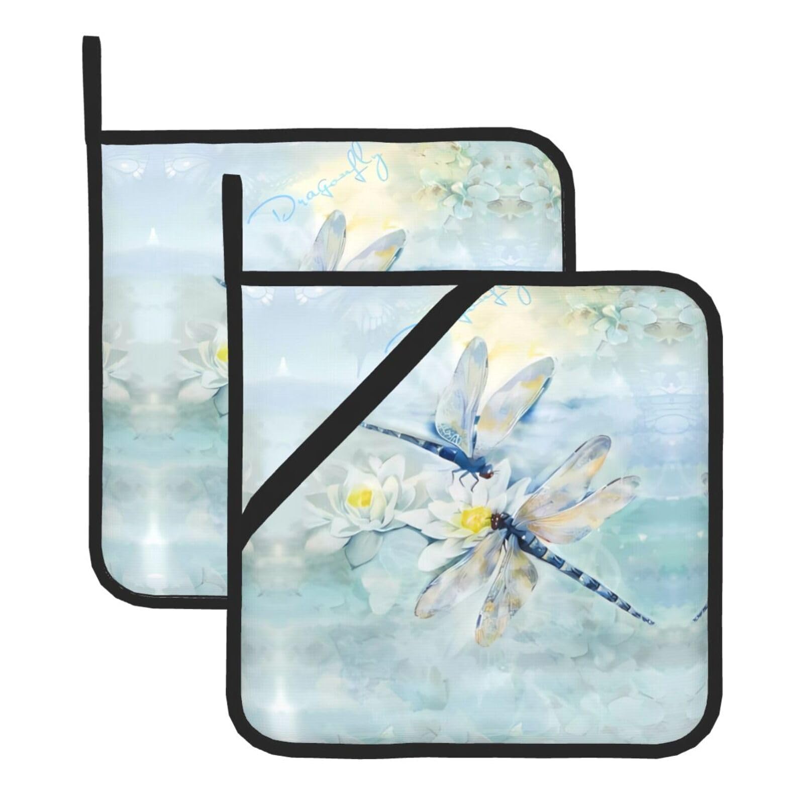 WHJDPP Dragonfly lotus Prints Square Hot Pads for Kitchen Counter - Waterproof Pot Holders Set of 2, Heat Resistant Trivets with Pocket & Hanging Loop for Serving, Oven & BBQ