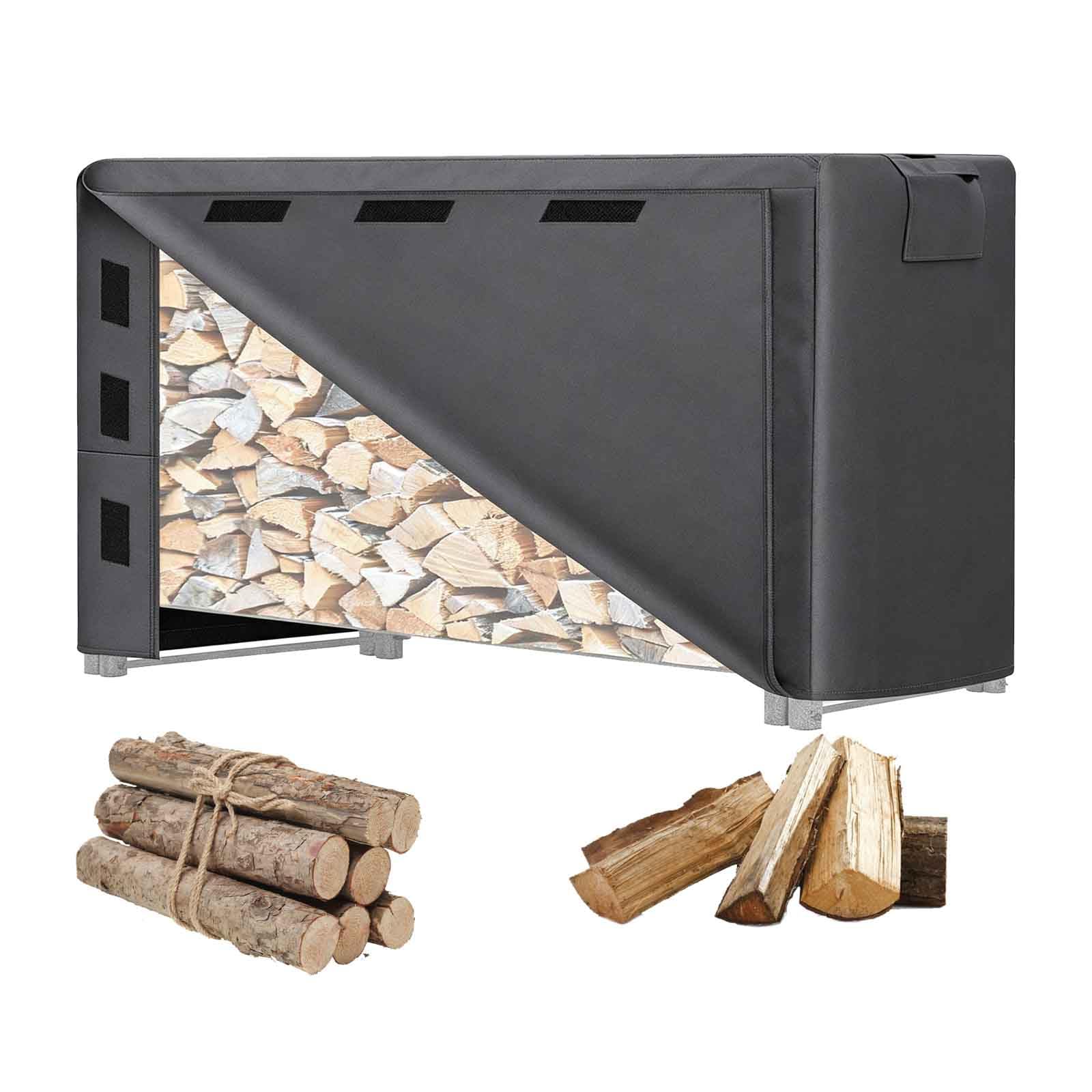 Copertura Impermeabile per Porta-Legna da 600D con Cordoncino e Borsa per riporla - Copertura per Porta-Legna da Esterno da 4/5/6/8/10/12 FT (Porta-Legna Non Incluso),Grigio,244x61x122cm
