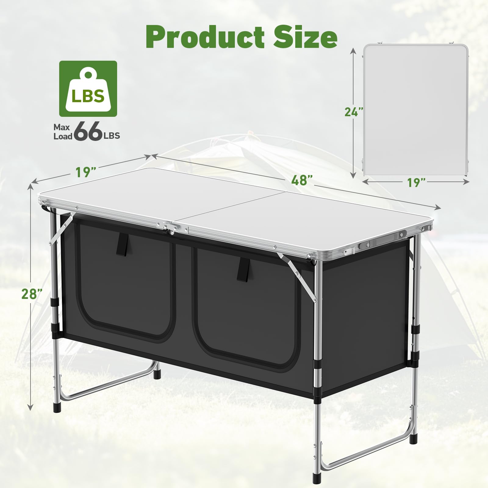 WildFinder Camping Table, Folding Camping Table with Storage, Lightweight & Portable, 3 Heights Adjustable Folding Table for BBQ, Camping, Picnic and Indoor Use, Grey