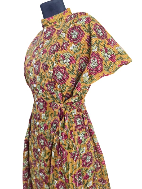 Image of Women's Cotton Full Front Open Dress | Mandarin Collar Button-Down | Darted Waist with Multi Tie-Up | Calf Length | Maternity, Feeding, Elderly & Hospital Wear | Sizes L-3XL