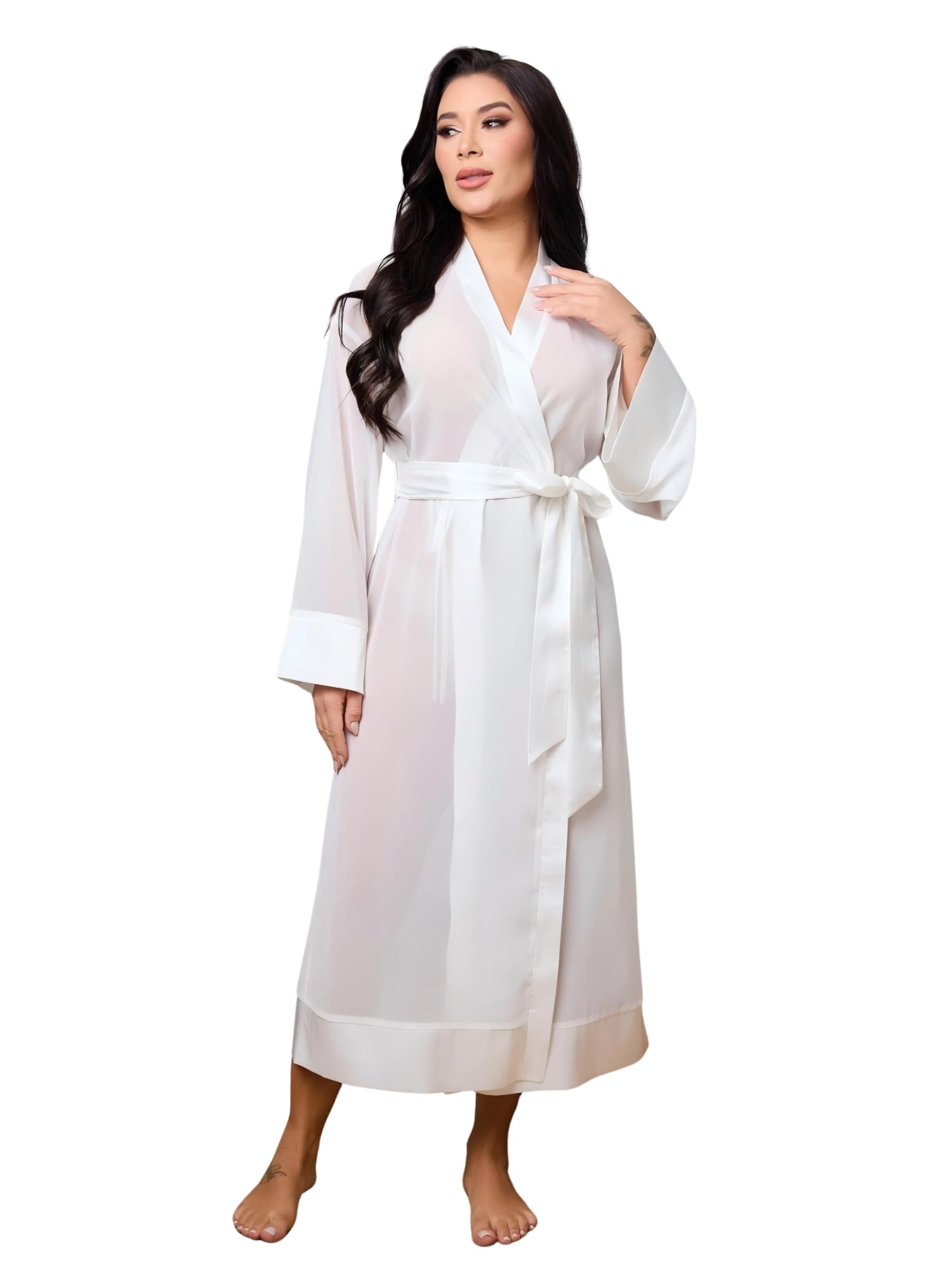 Womens Long Sheer Chiffon Robe Bride Bridal Wedding Party Gown Wrap Beach Swimwear Bikini Cover Up