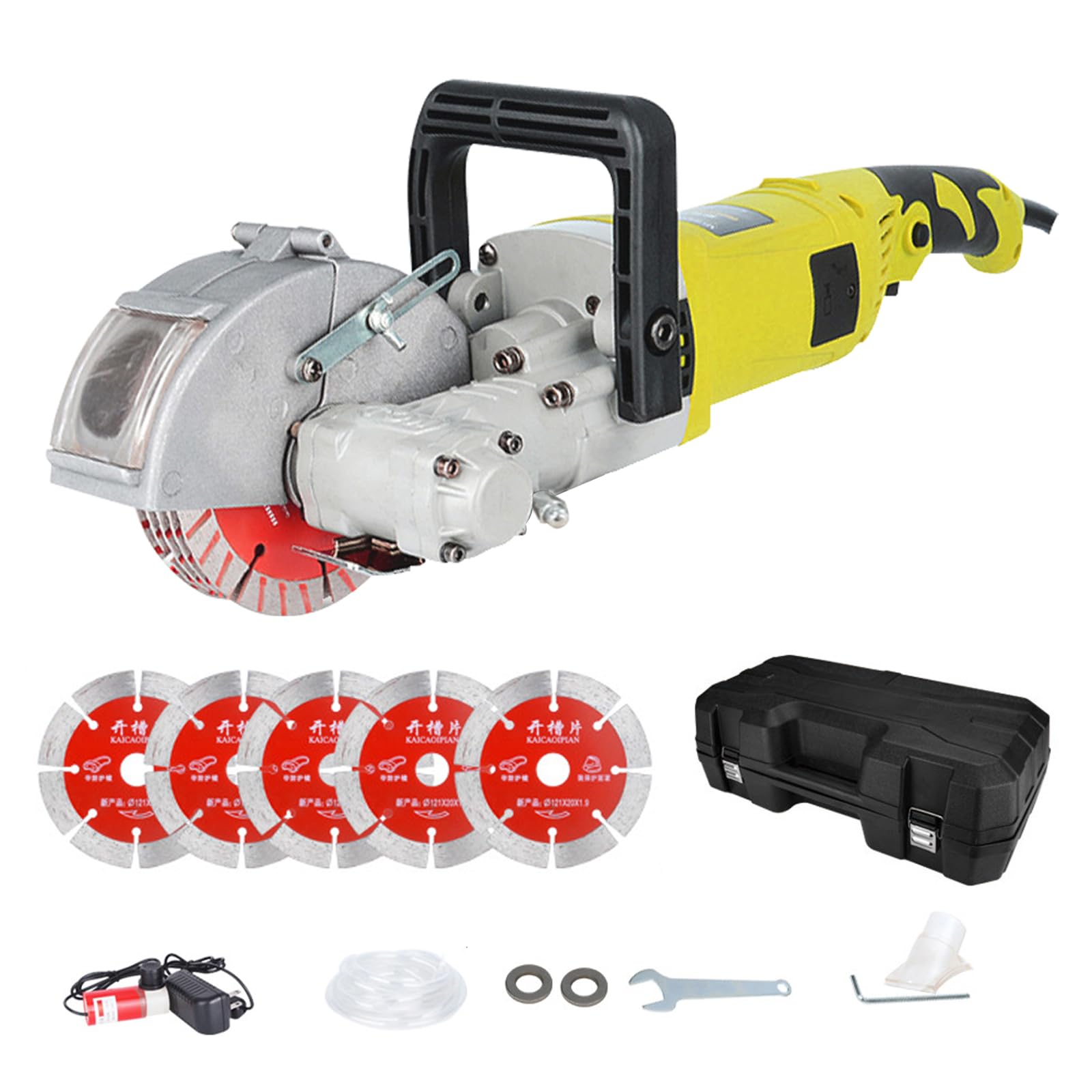 Mauernutfräse,4000W Elektrische Mauernutfräse Schlitzfräse, 7500rpm-einstellbare Tiefe/Breite-5×125mm Blätter, Wasserpumpe mit 3m Schlauch-Staubfrei mit Absauganschluss, für Beton, Marmor, Ziegel.
