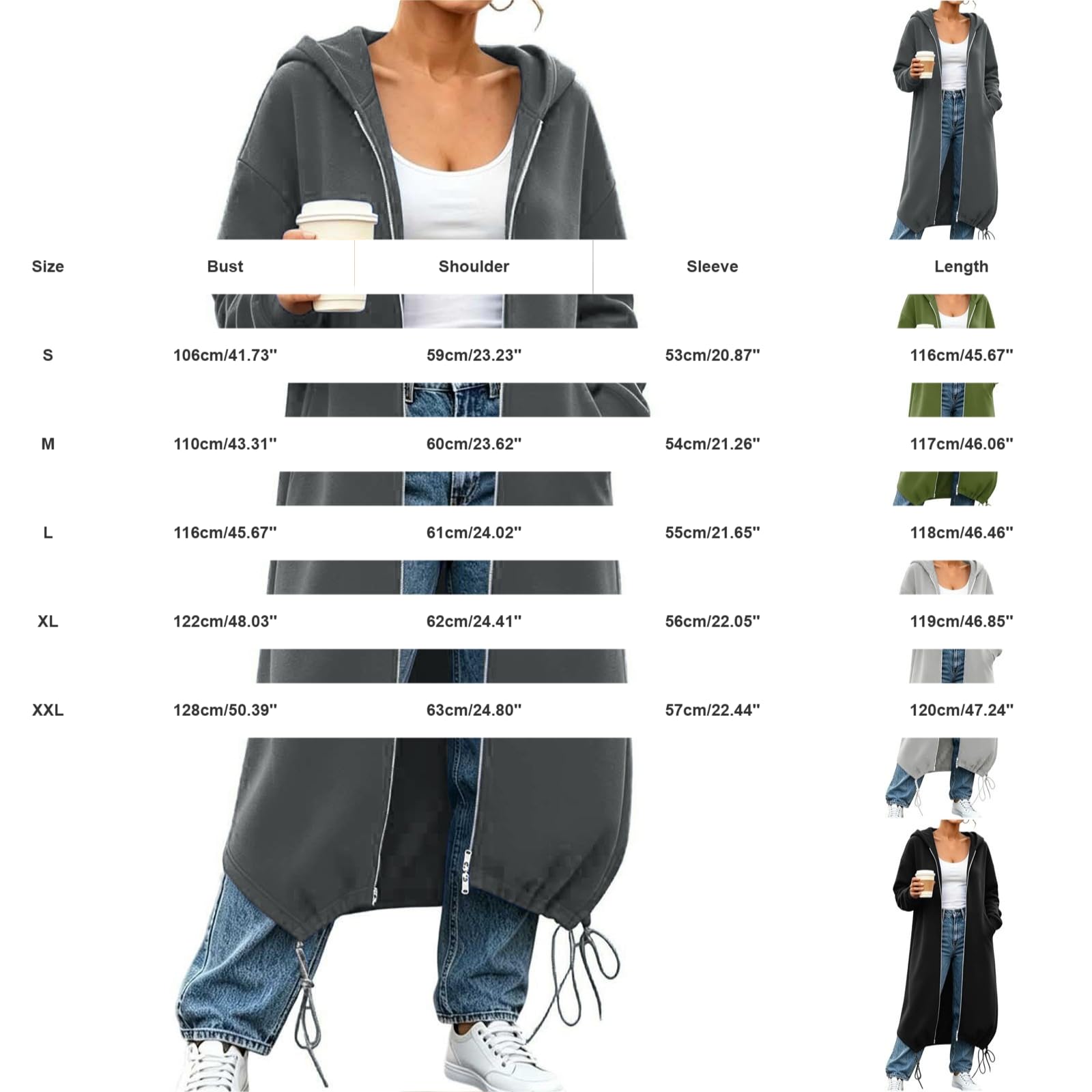 Generico Felpe con Cappuccio da Donna con Zip Oversize A Tunica Lunga | Felpe Casual A Maniche Lunghe Sweatshirt Autunno Inverno Giacca Con Cappuccio Cappotto Da Indossare Tutti I Giorni
