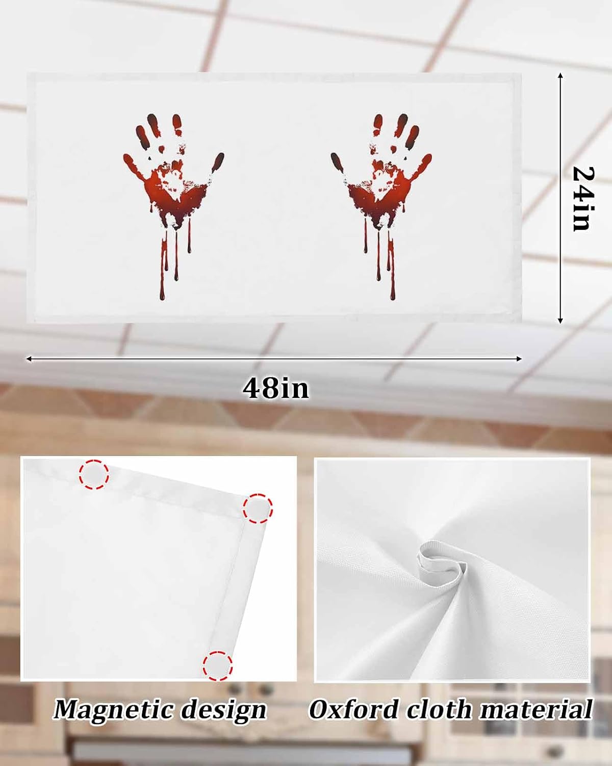 2 Pack Fluorescent Light Cover for Classroom Ceiling Light, Horror Bloody Hands Halloween Magnetic Light Cover Filters, Scary Themed Light Covers for Office Home Drop Lamp Ceiling Decor 4x2 Feet