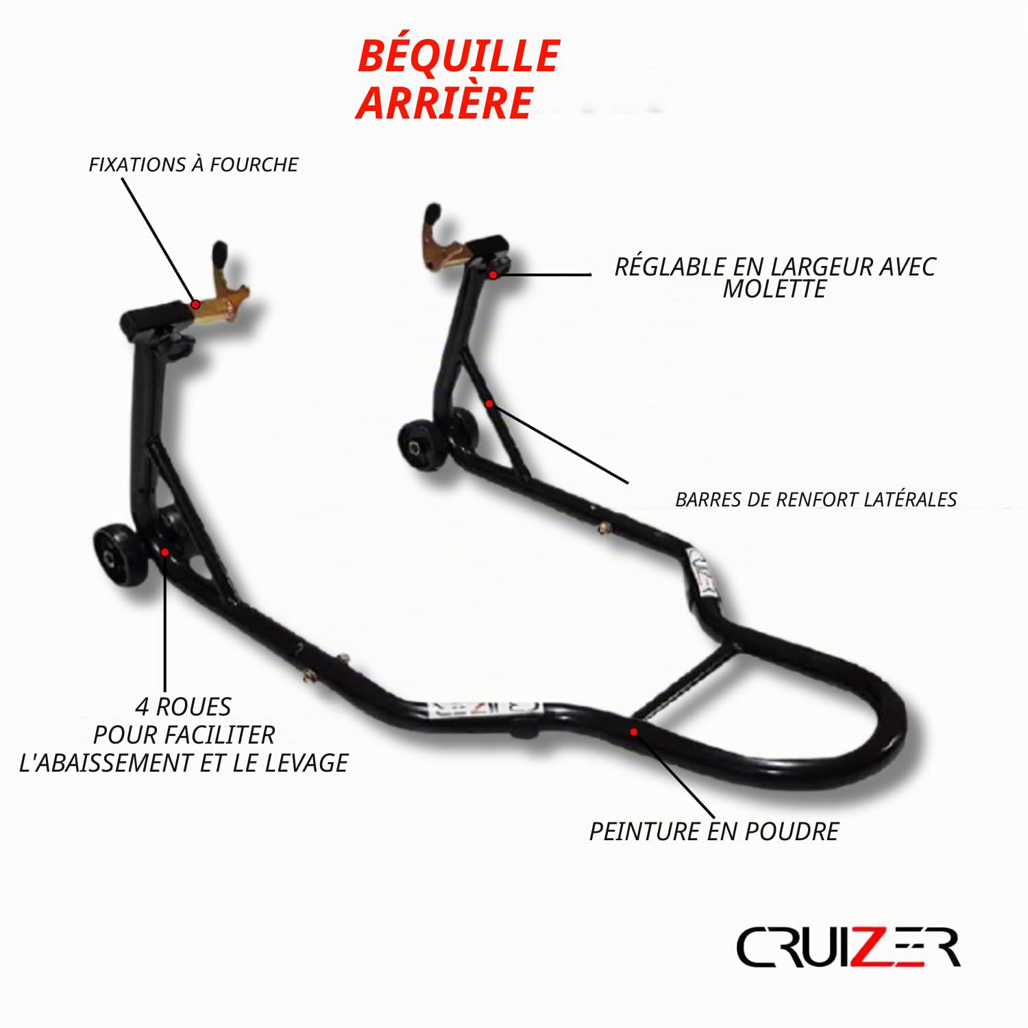 Cruizer Lot de crics lève-moto universels avec attaches à cônes à l’avant et à fourches à l’arrière, roues sous-jacentes et barres de renfort latérales