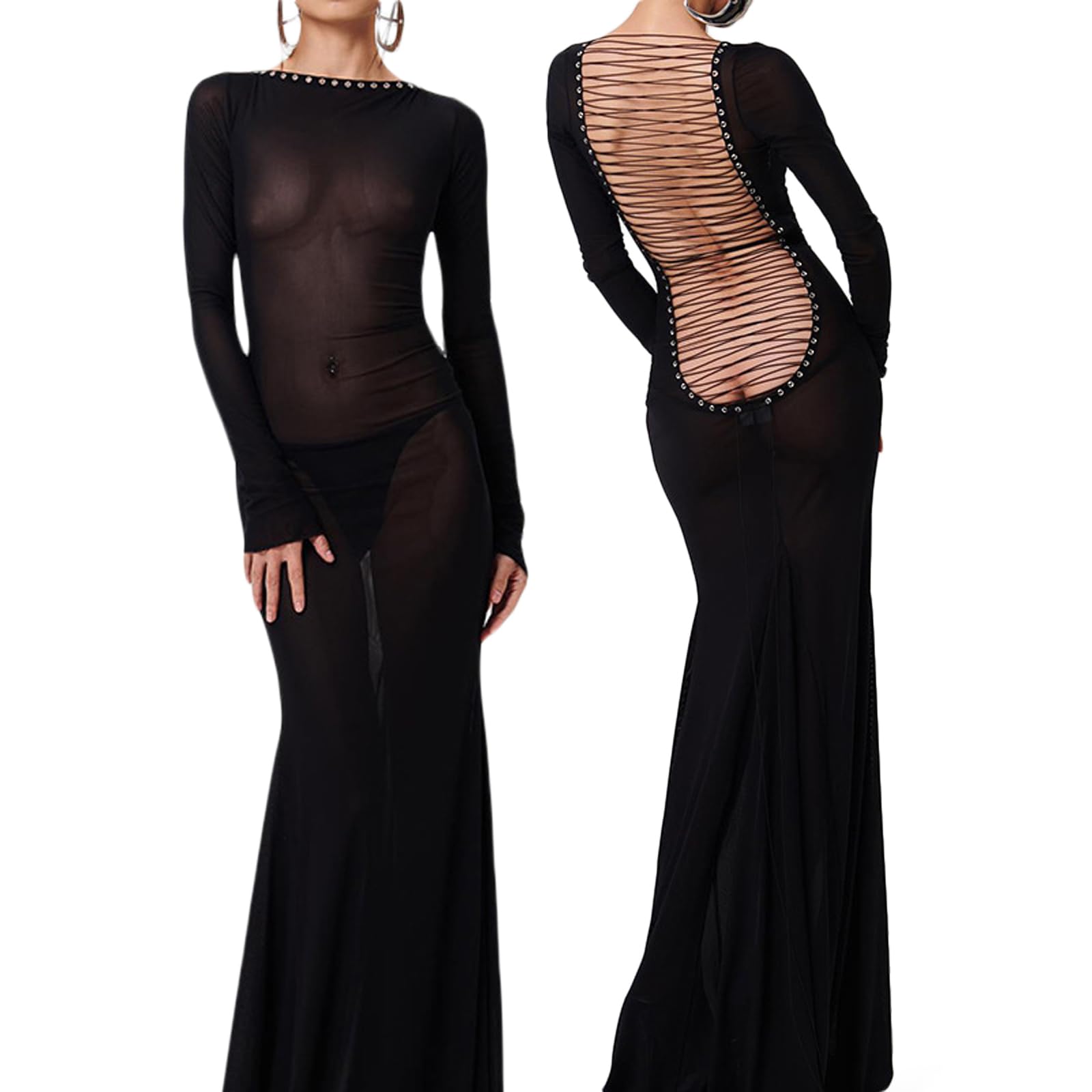 Geagodelia Robe Maxi-Longue Dos Nu en Mesh à Manches Longues, Robe Transparente Sexy Moulante en Bandage pour Soirée Cocktail Fête (Noire, Taille Unique)