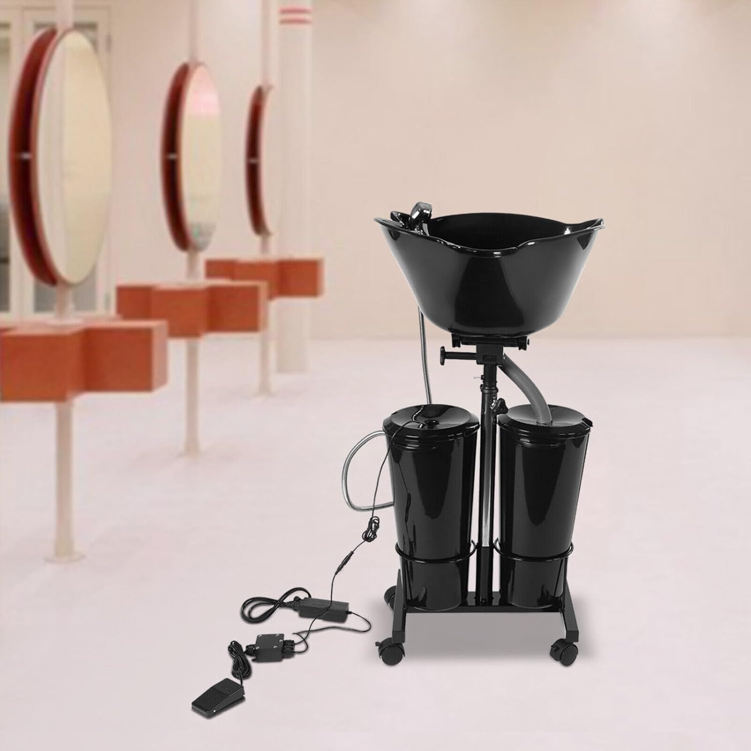 Mobile Hair wash Basin, Portable Mobile Salon Basin Deep Shampoo Sink Height Adjustable Tilt Angle, Salon Hair Basin Barber Backwash Shampoo Hair Treatment with Drain Hose, 50 * 49 * 23cm