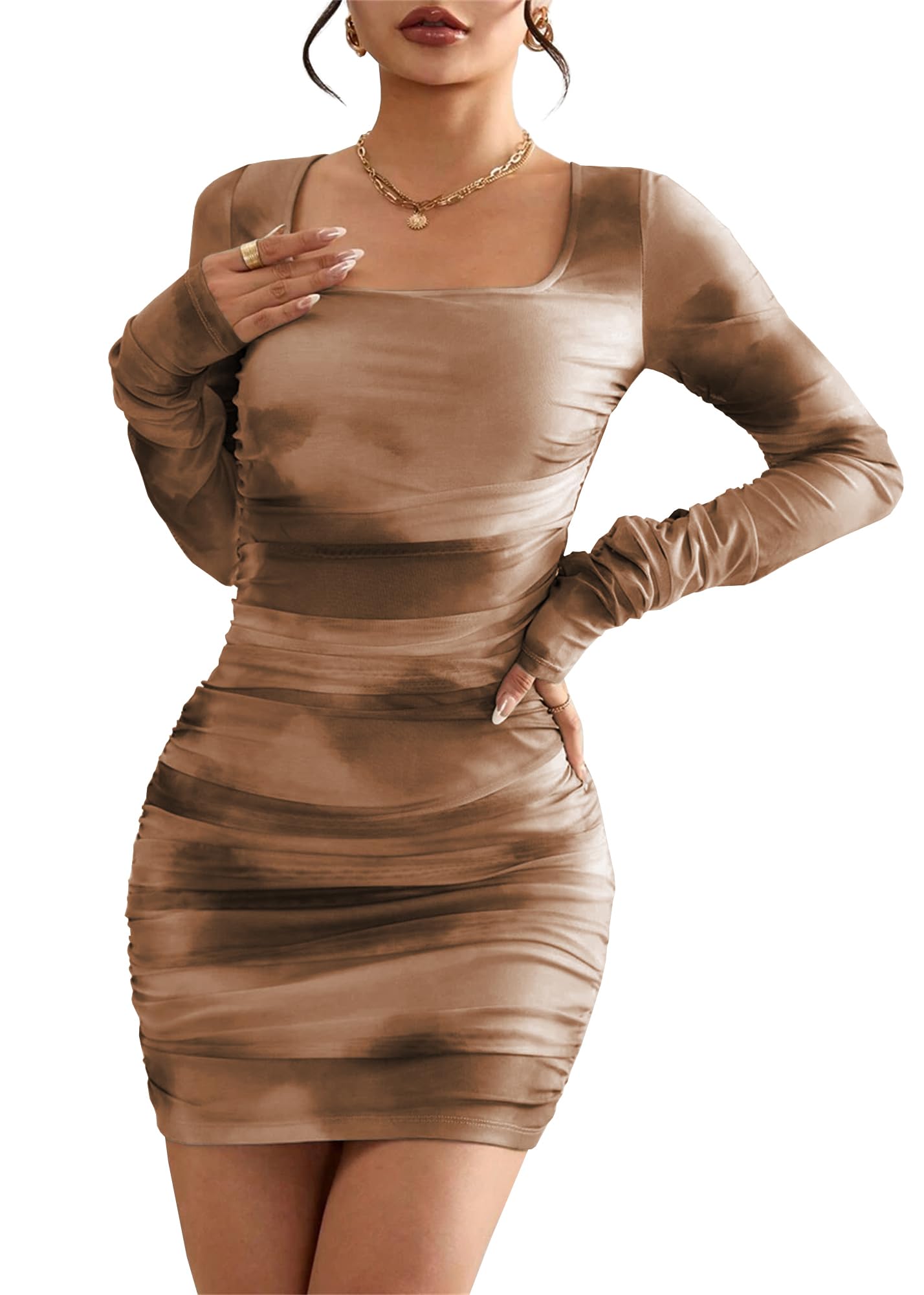 MOEENCN Women's Sexy Mesh Dress Square Neck Long Sleeve Ruched Printed Bodycon Party Club Cocktail Mini Dresses