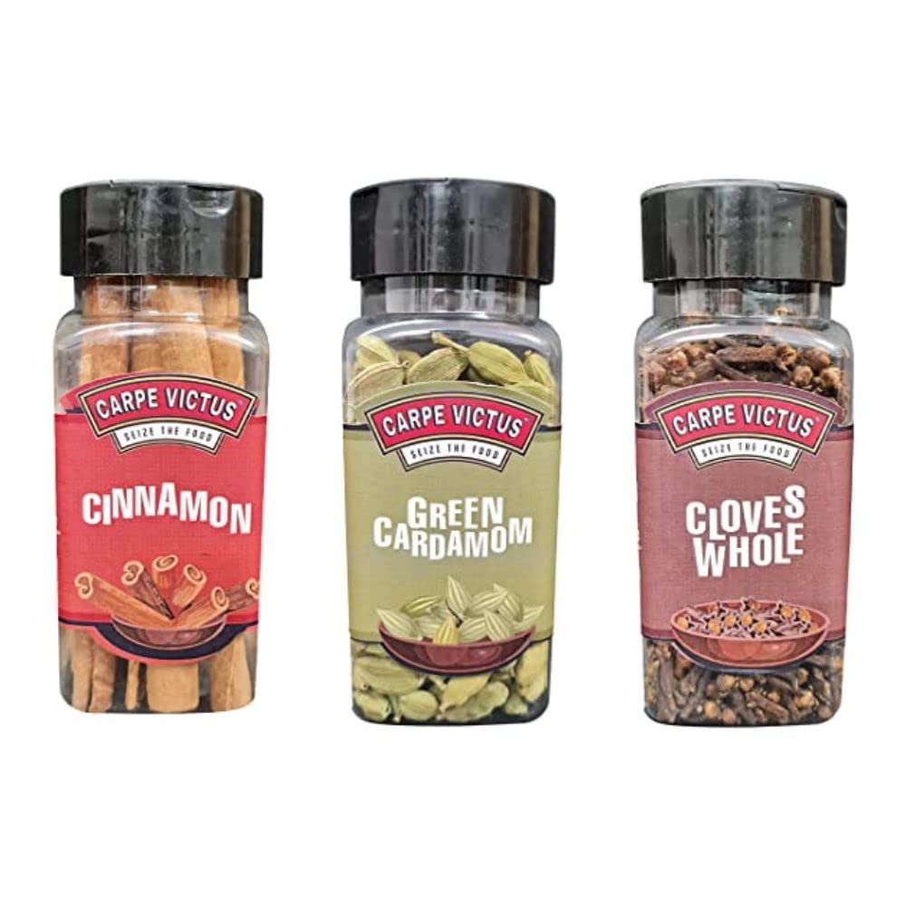 Carpe Victus Premium Whole Spices Combo, Assorted Spice Essentials for Cooking, (Green Cardamom 70g, Cloves 40g, Cinnamon Sticks 40g) Dry Indian Spices, Mixed Spice for Daily Use, Pack of 3