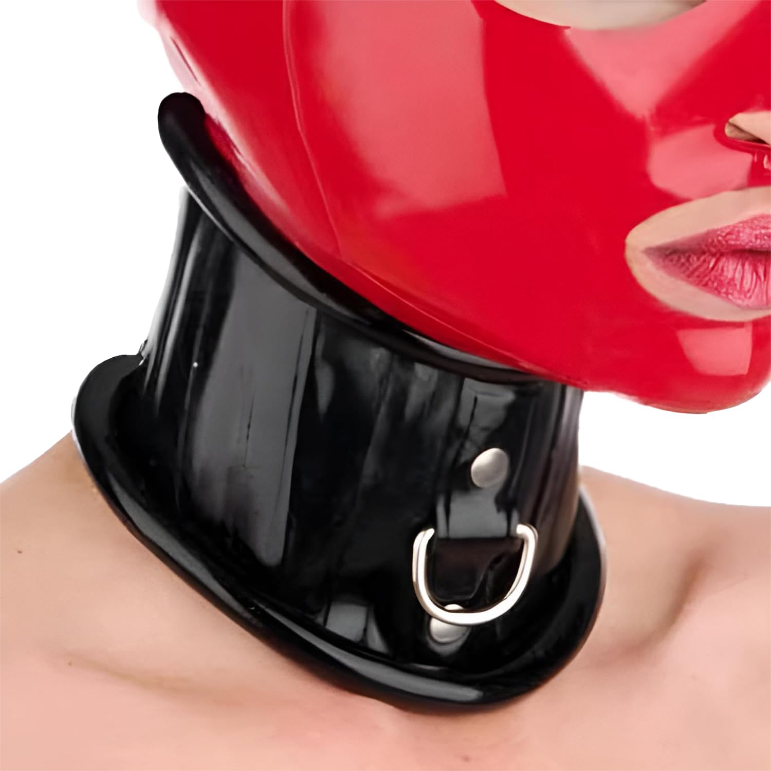 Collar de Látex Unisex,Gargantilla Cuello de Goma con Borde Enrollado y Cordón la Parte Posterior y Anilla en D