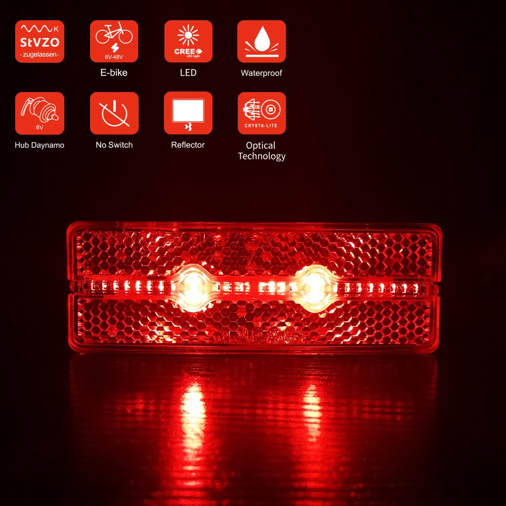 Feu arrière LED pour vélo électrique, Puissant et étanche IPX5, 6-48 V, sans Interrupteur.
