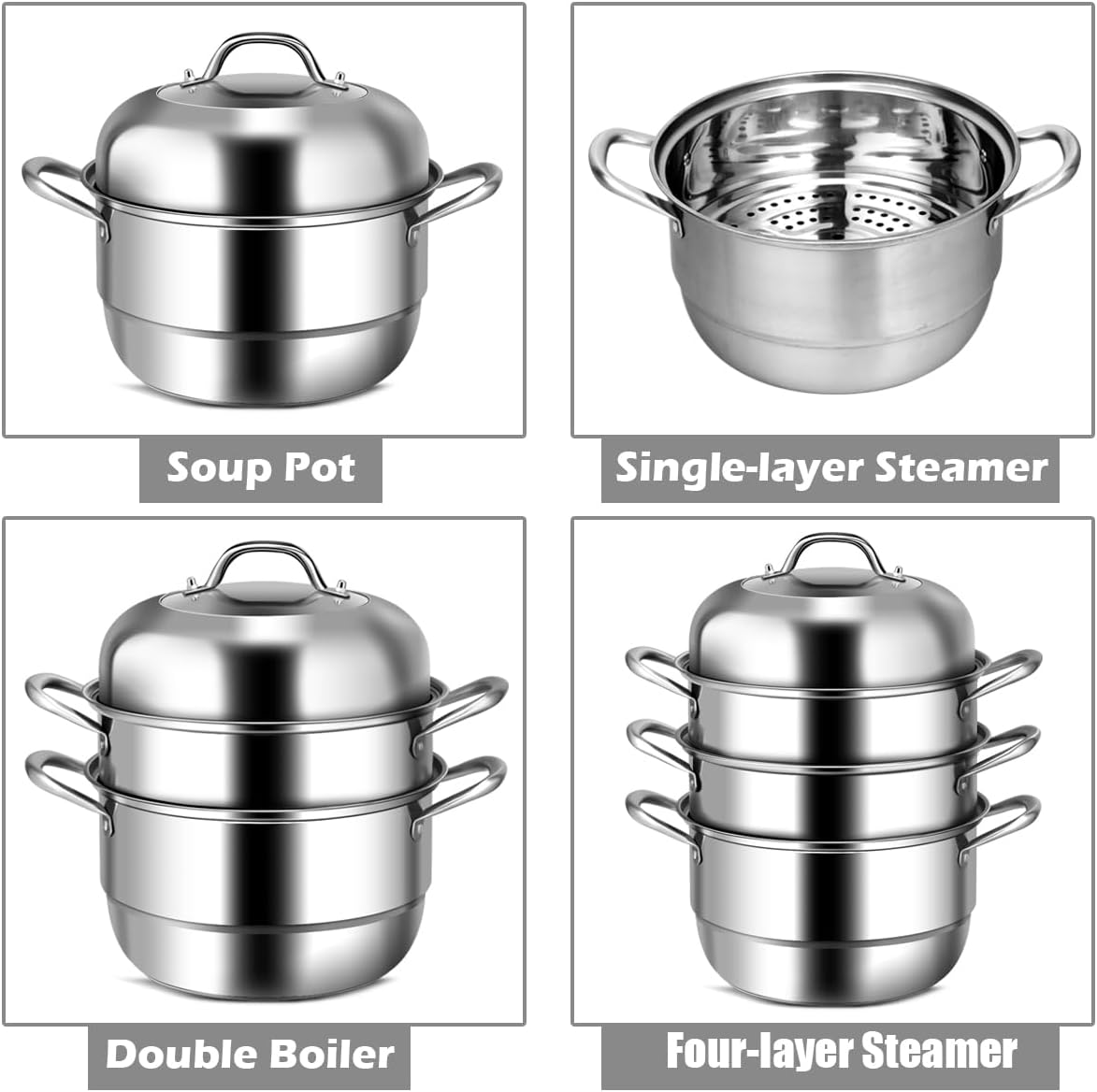 Giantex 4-Layer Stainless Steel Steamer Pot for Cooking Soup and Steaming Food Steam Pot with with Tempered Glass Lid, 2 Steaming Septa on Gas, Electric, Grill Stove (Silver)