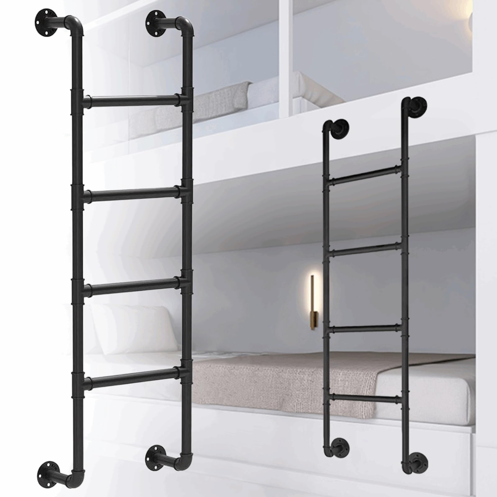 Escalera universal de hierro forjado negro para literas de 1,2 m a 2,4 m, con ventana de 330 L y diseño resistente para un acceso seguro y fácil.