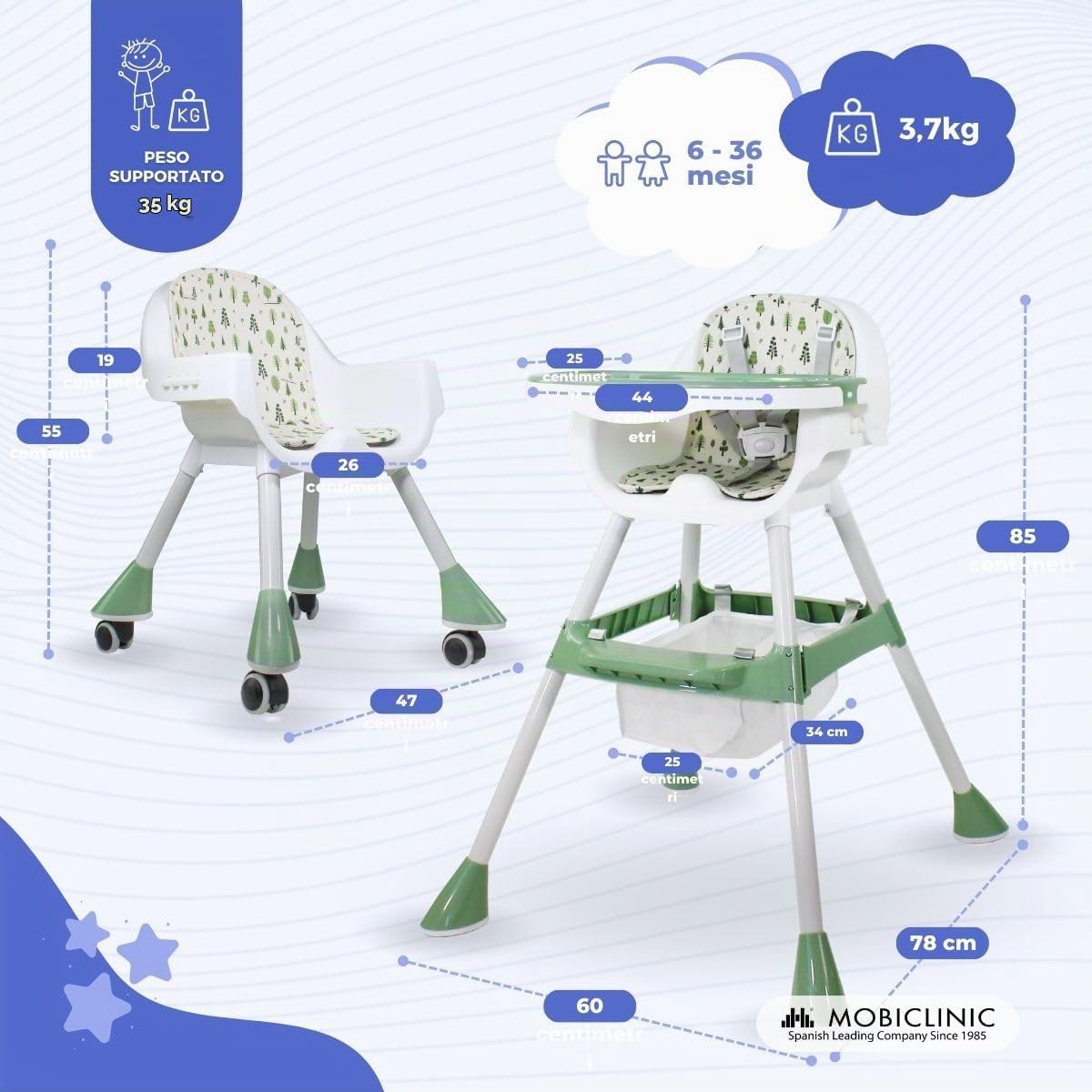 Mobiclinic® kids, Seggiolone evolutivo, 2 in 1, Altezza regolabile, 6-36 mesi, Forest, Cintura di sicurezza a 5 punti, Ruote rimovibili, Fino 35 kg, Cestino portaoggetti, Girevoli 360º
