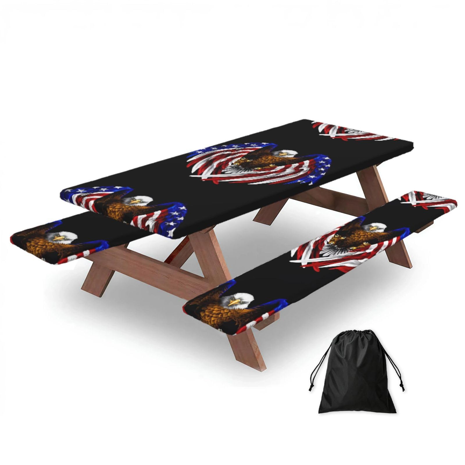 USA Flag Patriotic Eagle Print Picnic Table Cover & Bench Covers 3-Pack Set, Elastic Tablecloths for 6 Ft Rectangle Tables