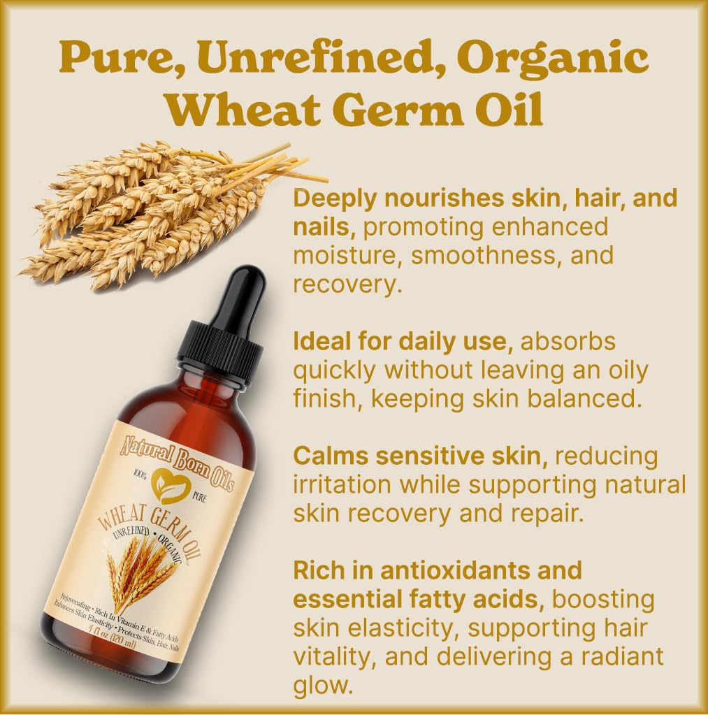 Natural Born Oils Wheat Germ Oil, 1 Gallon, Organic, Cold-Pressed, Unrefined, Rich in Nutrients, Excellent for Radiant Skin, Lustrous Hair